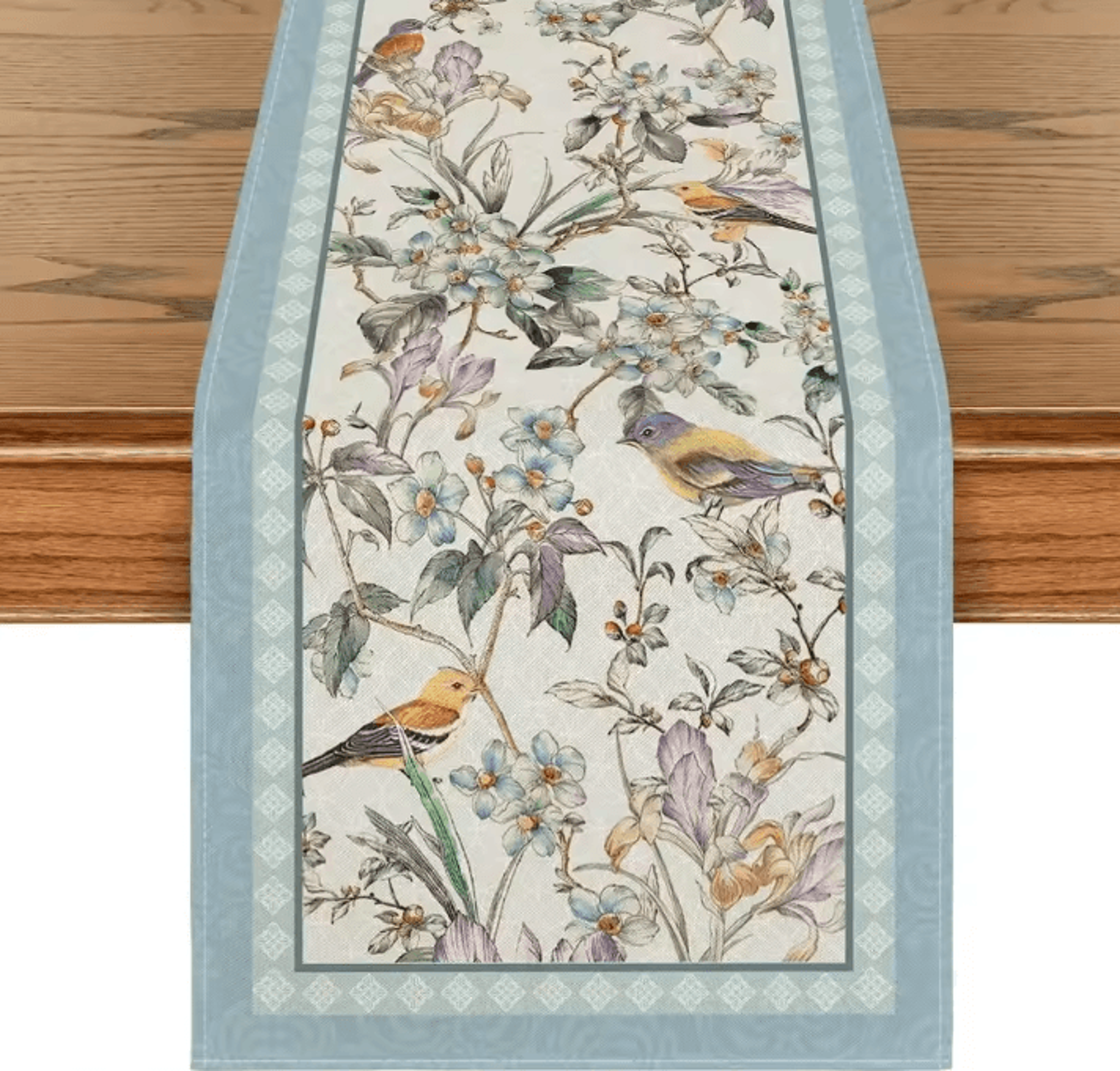 Blue Birds  Blossom Linen Table Runner  Elegant Spring Dining Decor 0
