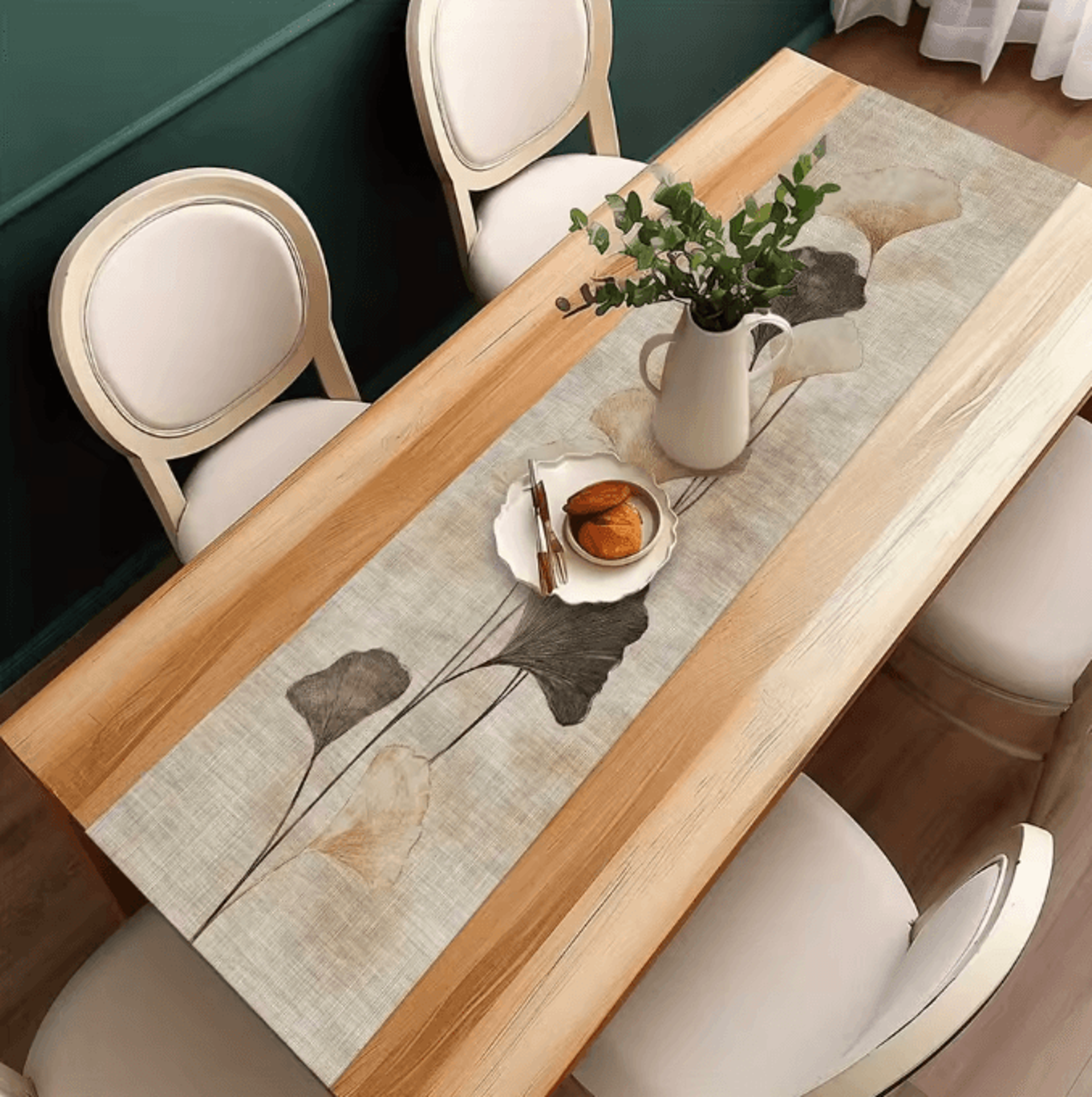 Ginkgo Leaf Linen Table Runner  Japanese Zen Botanical Dining Decor 4