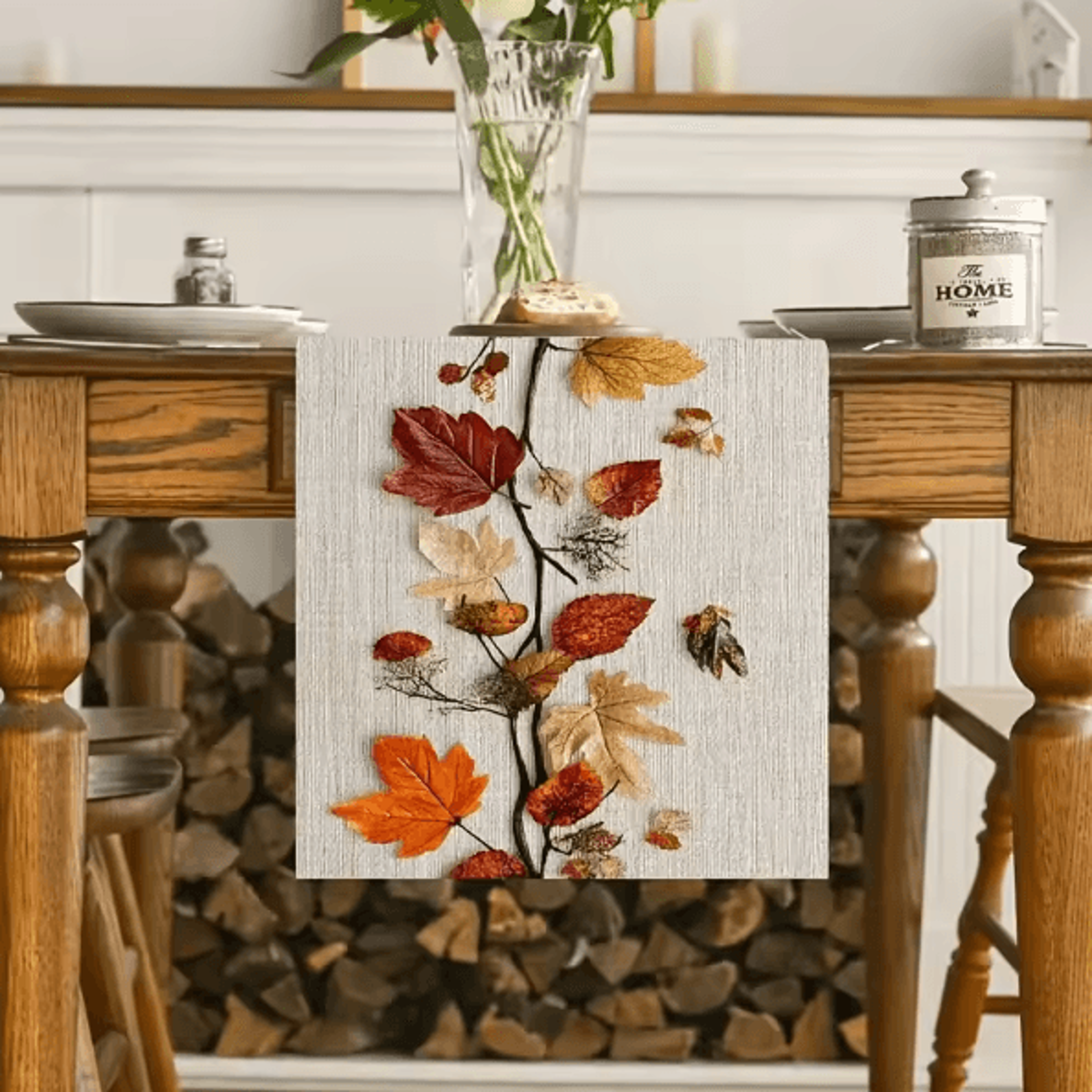 Autumn Fallen Leaf Linen Table Runner  Natural Botanical Dining Decor 1