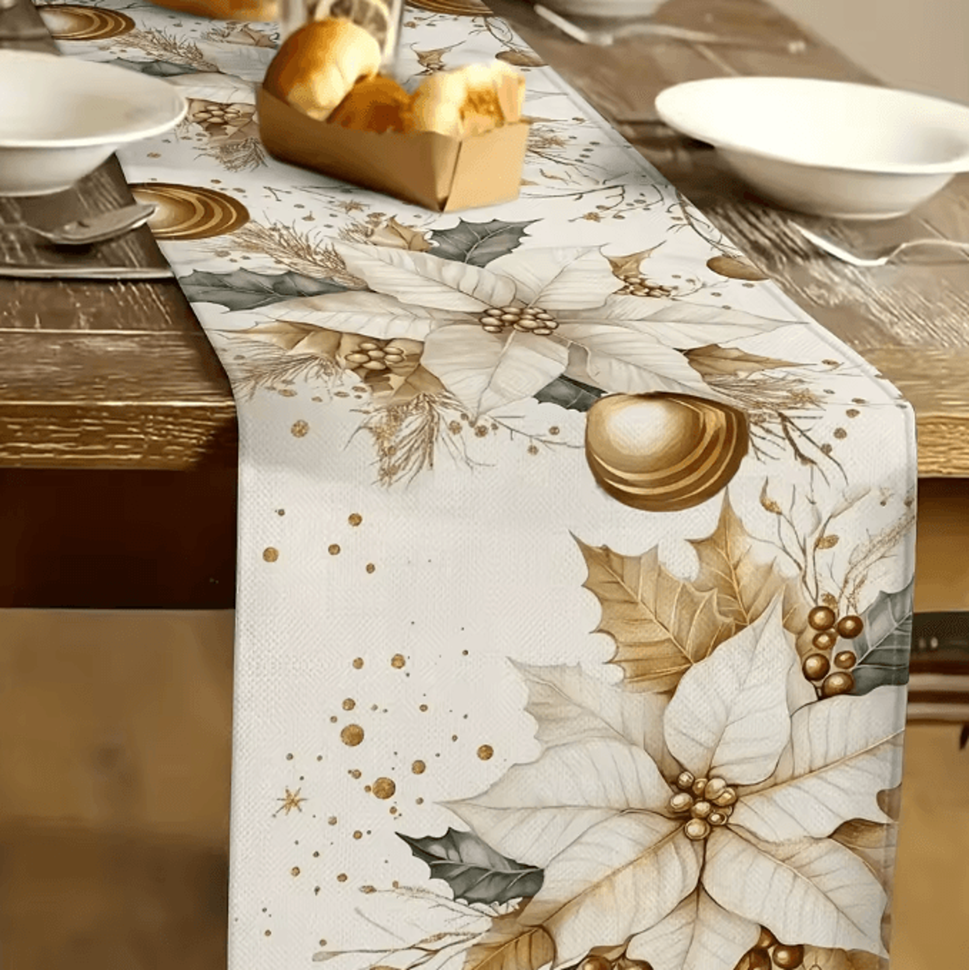 Gold Poinsettia Christmas Table Runner  Luxury Holiday Dining Decor 2