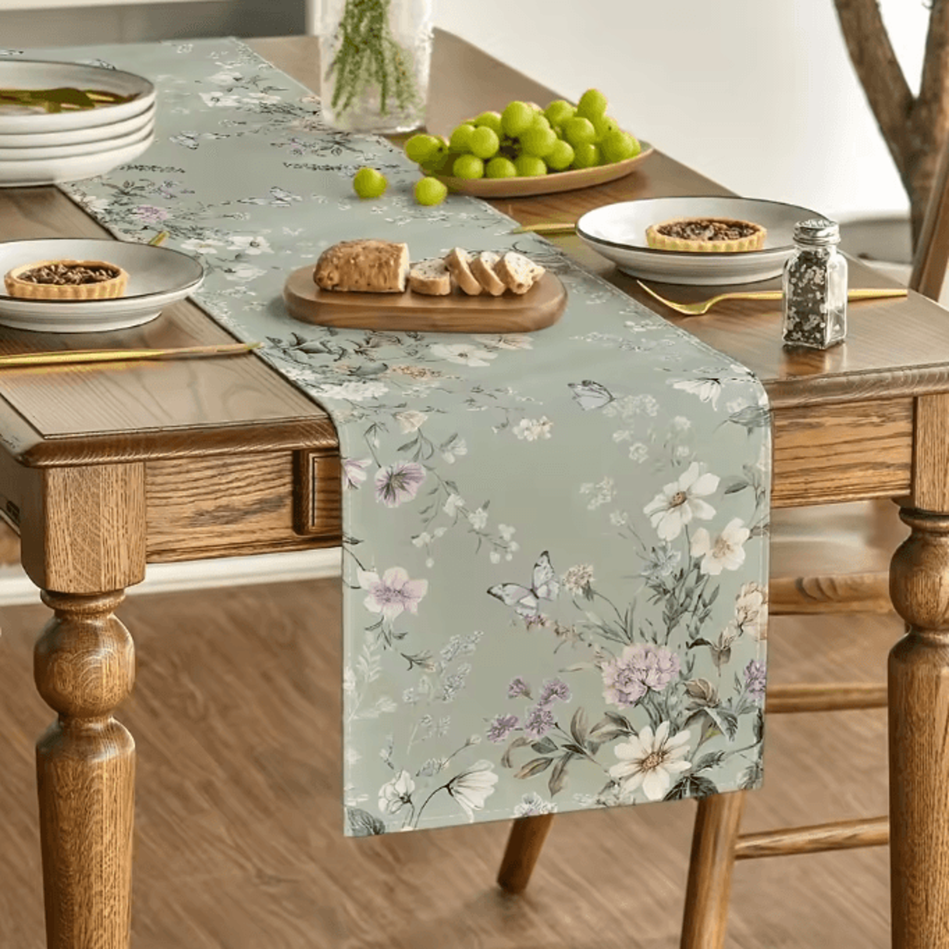 Spring Green Wildflower Linen Table Runner  Botanical Dining  Party Decor 3