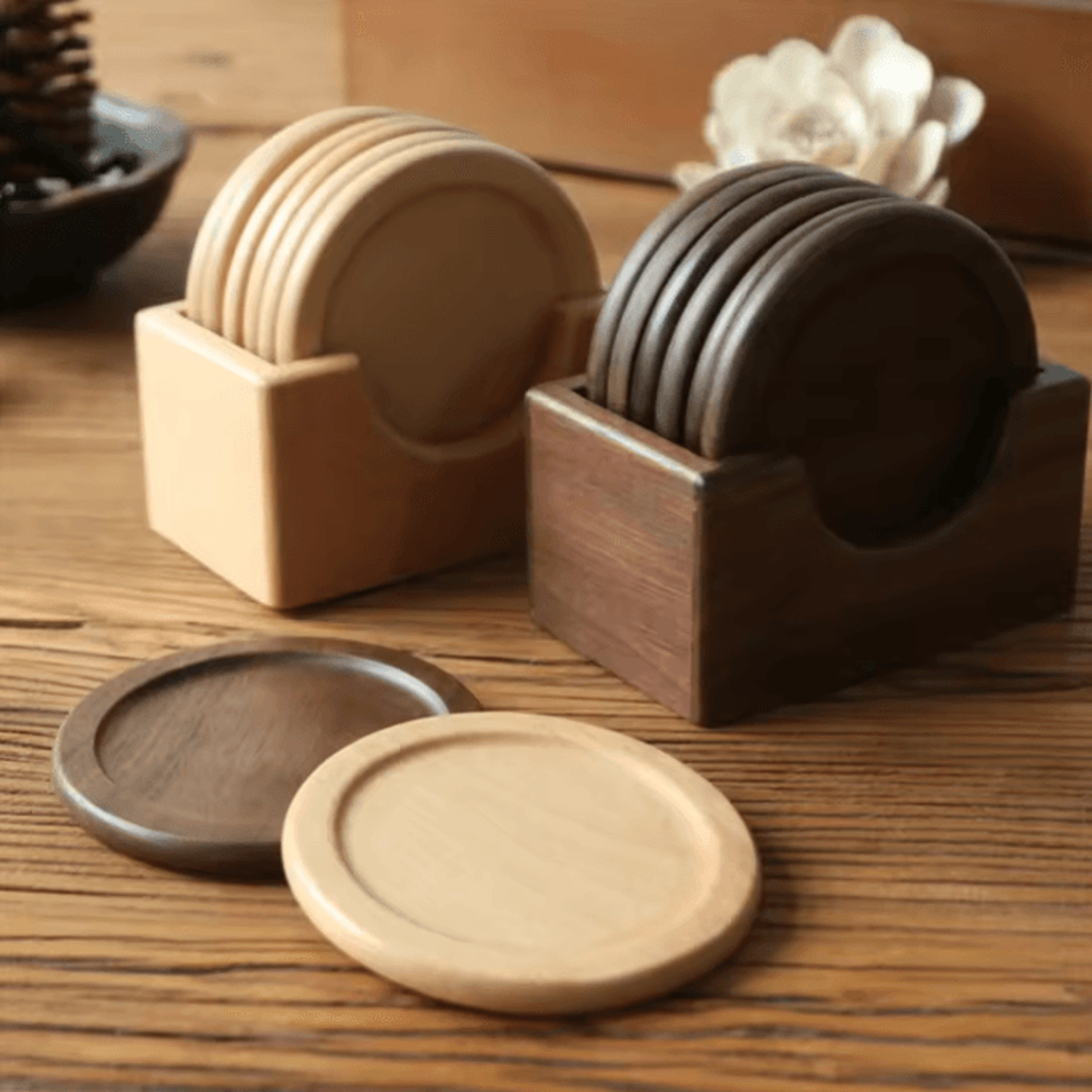 Japanese Walnut Wood Coasters Set  6PCS Round Insulated Drink Placemats 0