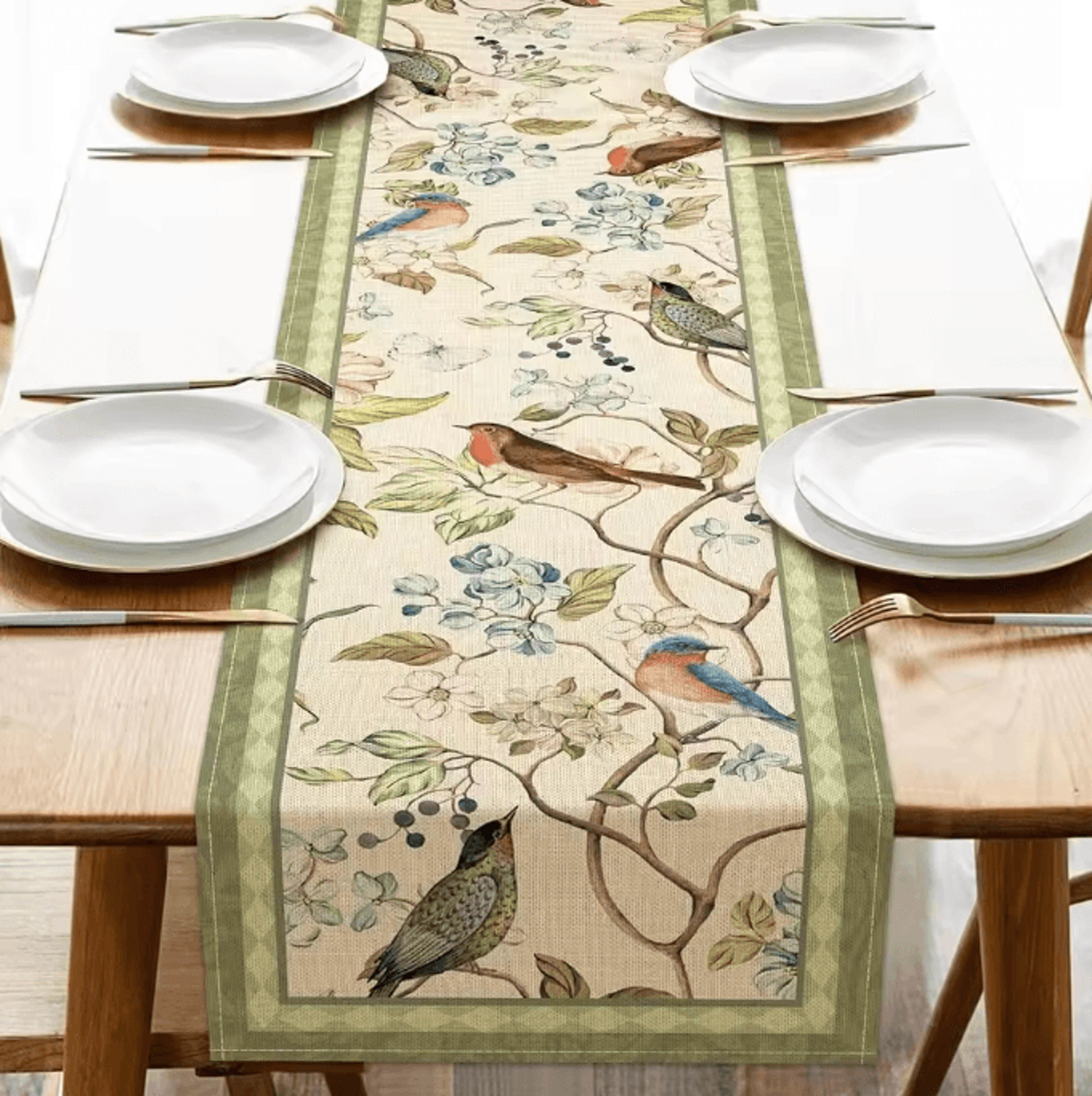 Vintage Floral Bird Linen Table Runner  Farmhouse Kitchen Dining Decor 0