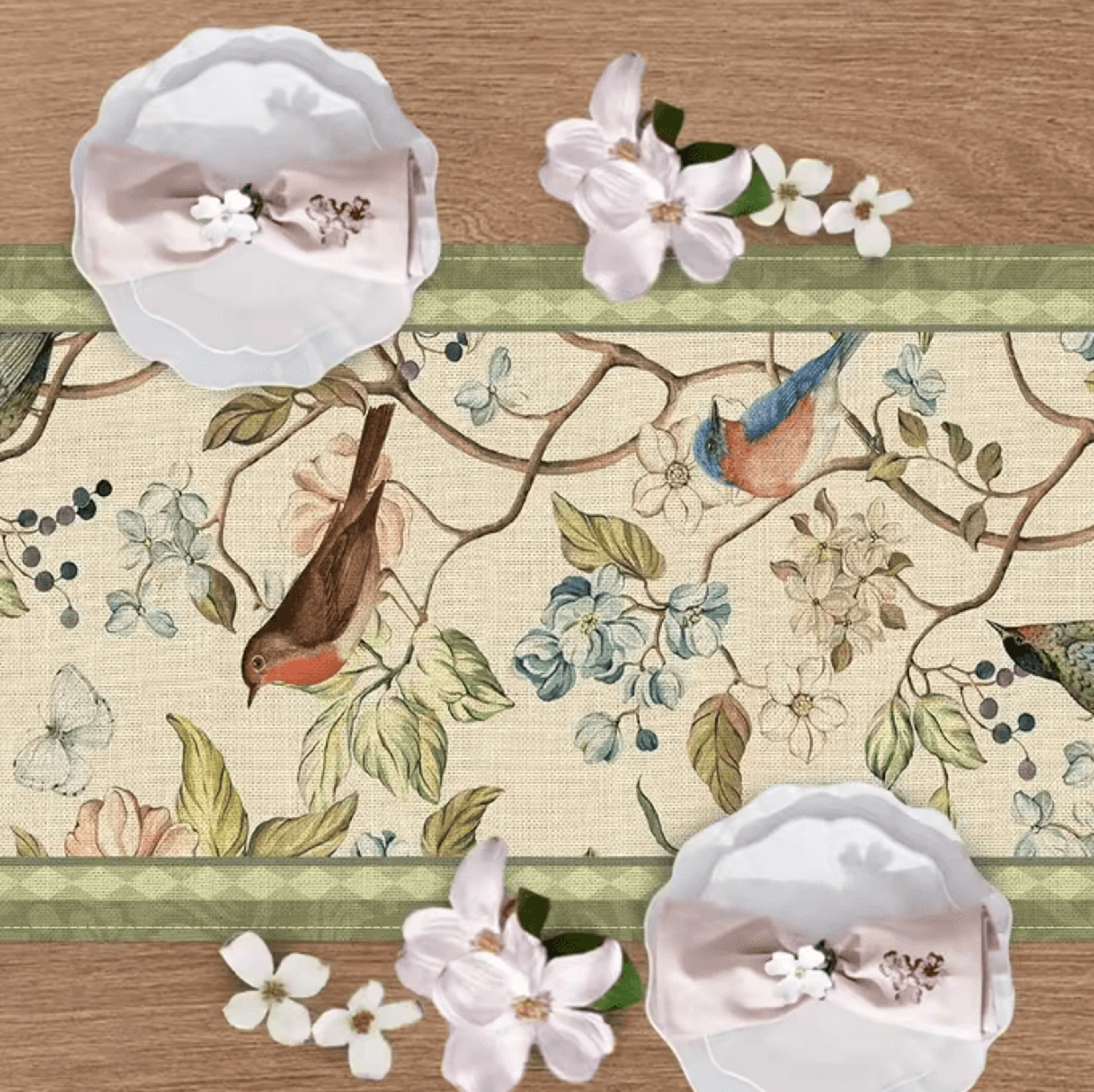 Vintage Floral Bird Linen Table Runner  Farmhouse Kitchen Dining Decor 2