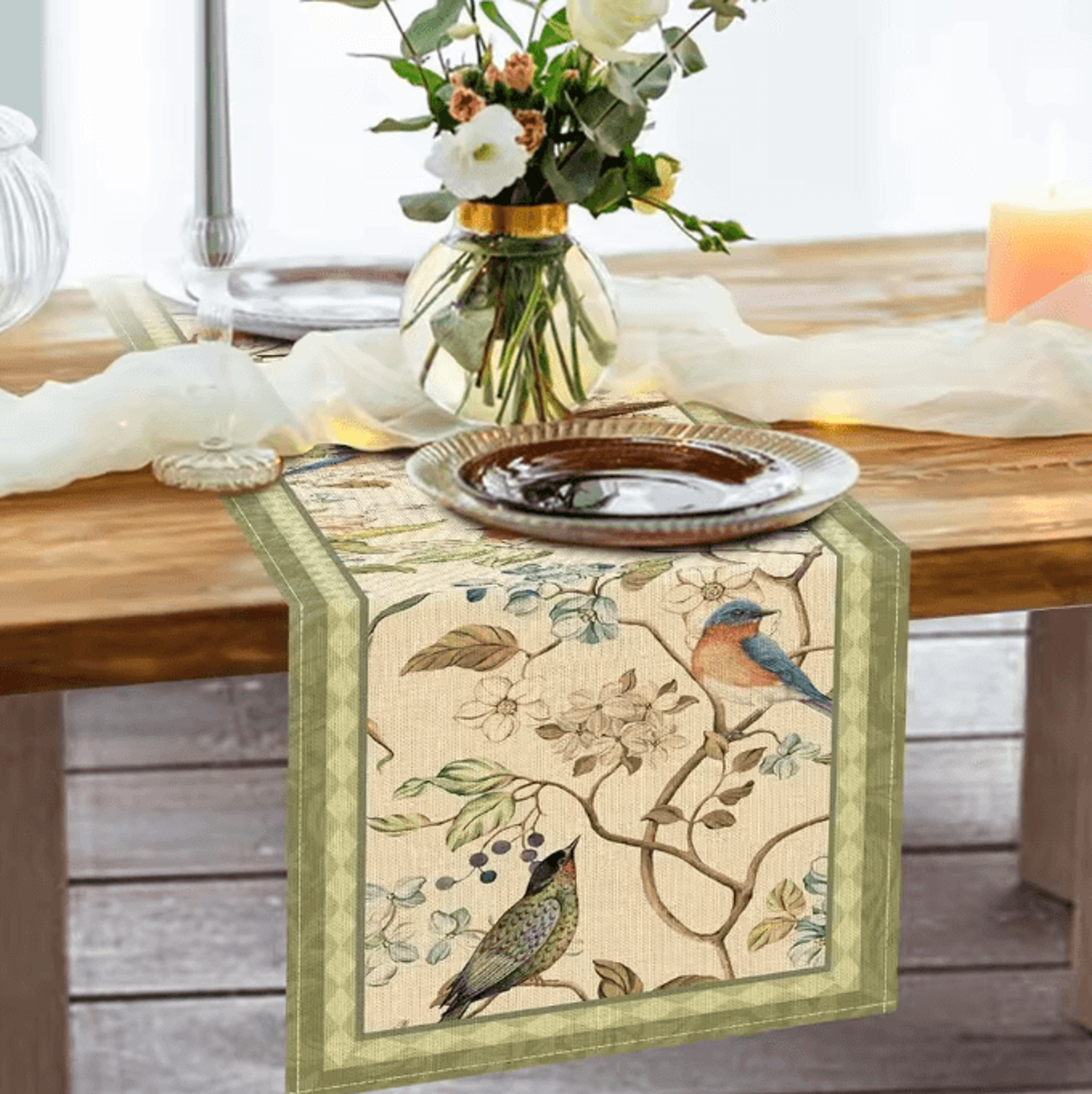 Vintage Floral Bird Linen Table Runner  Farmhouse Kitchen Dining Decor 3