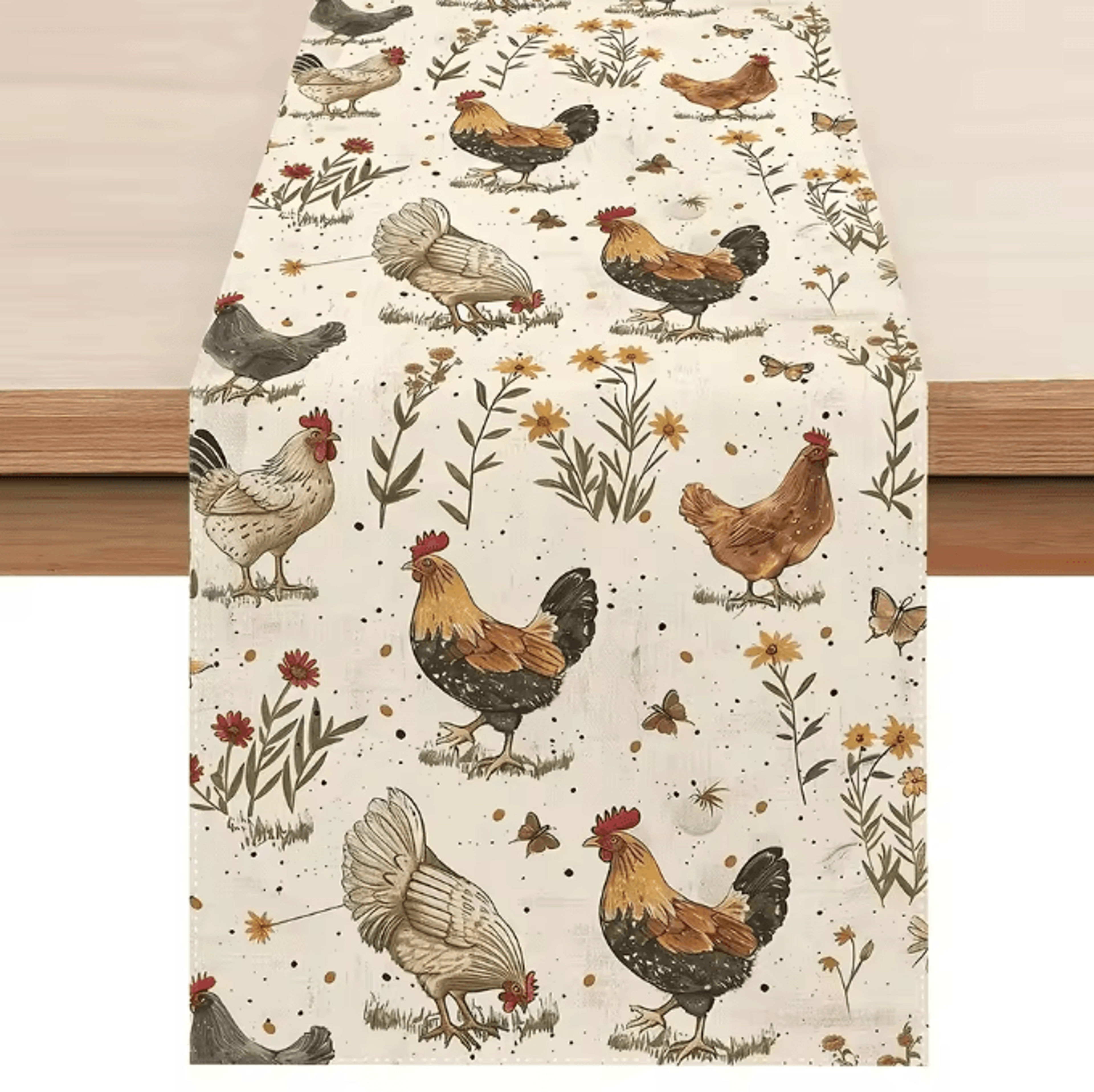 Vintage Rooster Hen Floral Linen Table Runner  Farmhouse Kitchen Decor 0