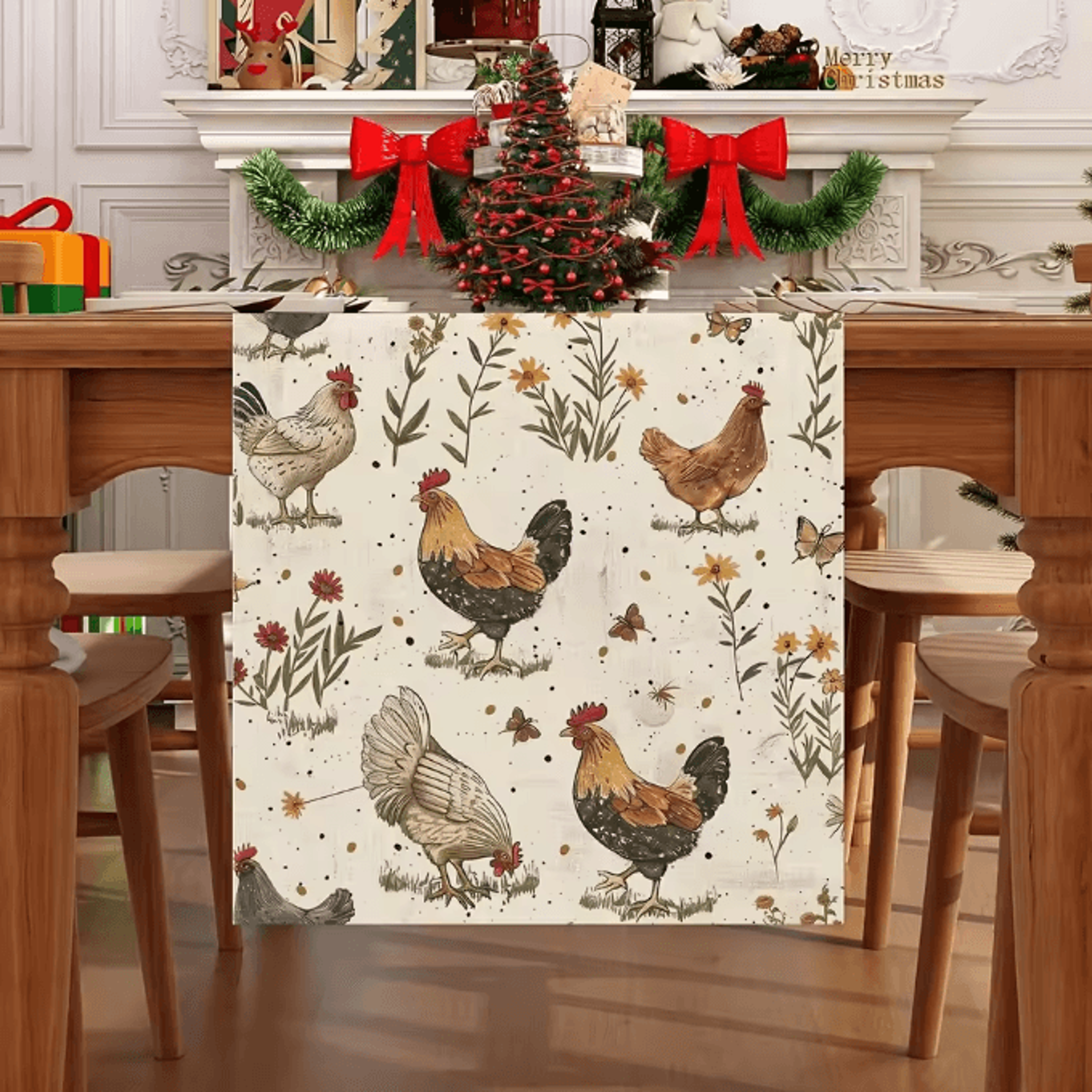 Vintage Rooster Hen Floral Linen Table Runner  Farmhouse Kitchen Decor 1
