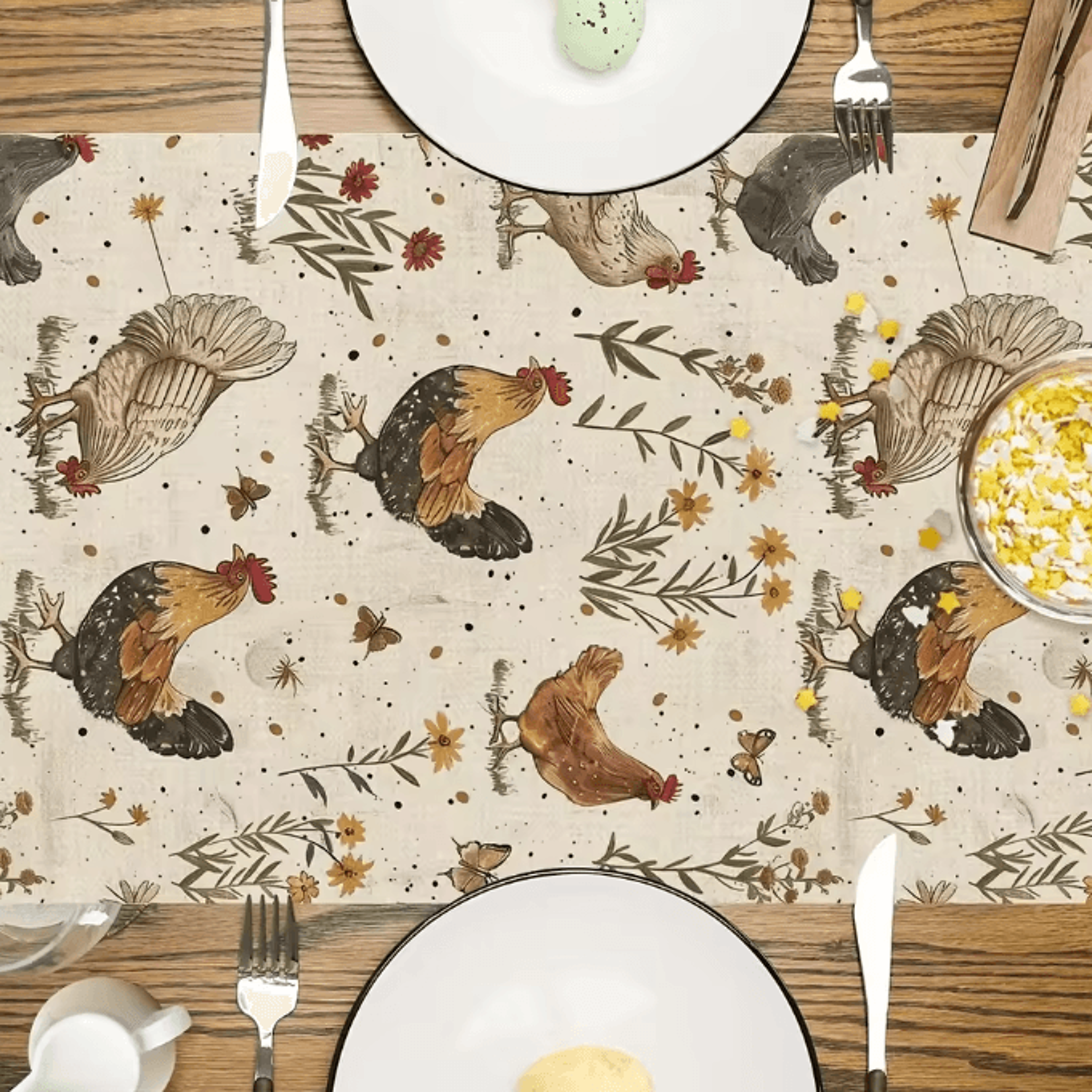 Vintage Rooster Hen Floral Linen Table Runner  Farmhouse Kitchen Decor 2