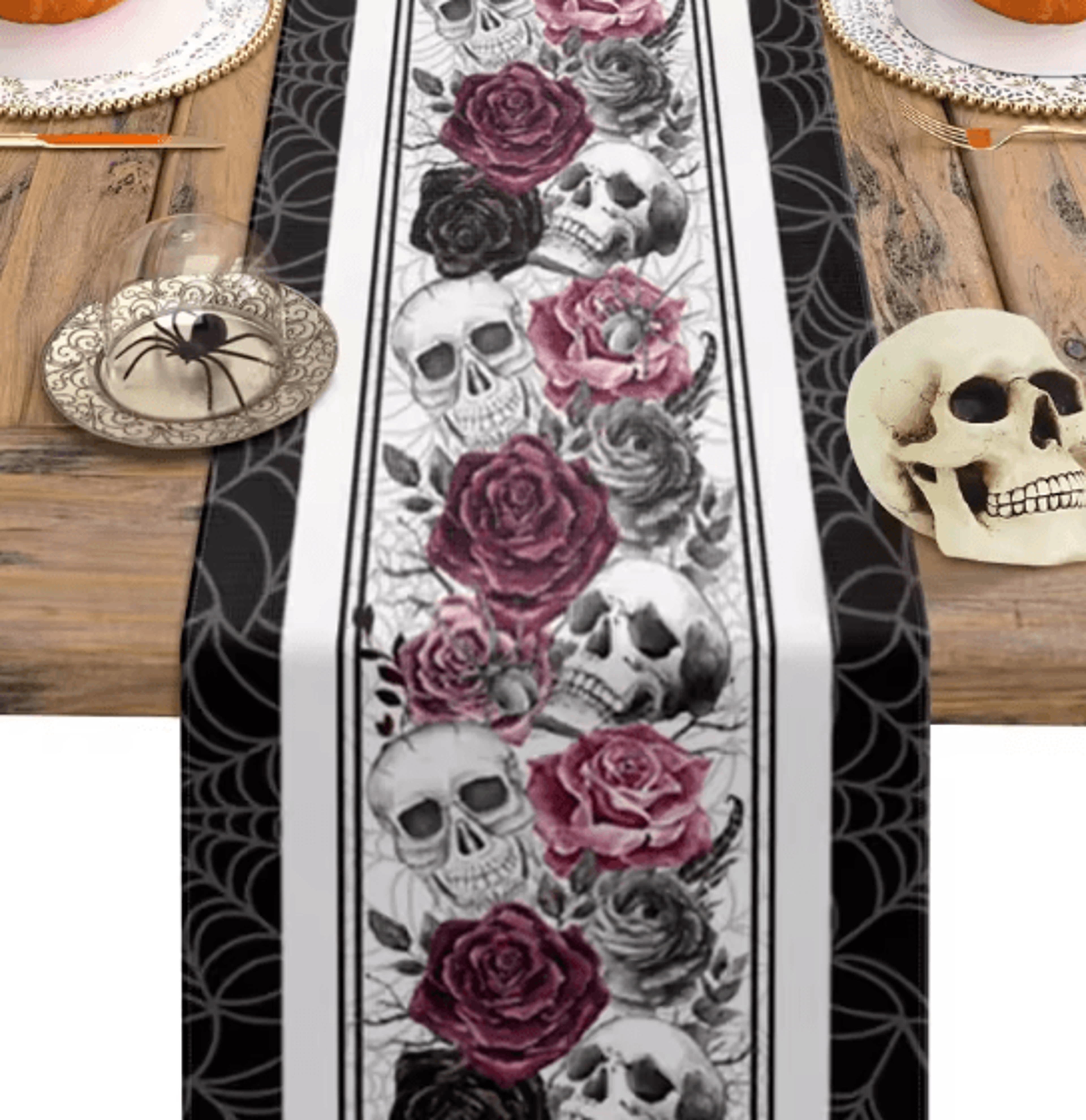 Halloween Skull Rose Gothic Linen Table Runner  Spooky Party Decor 0