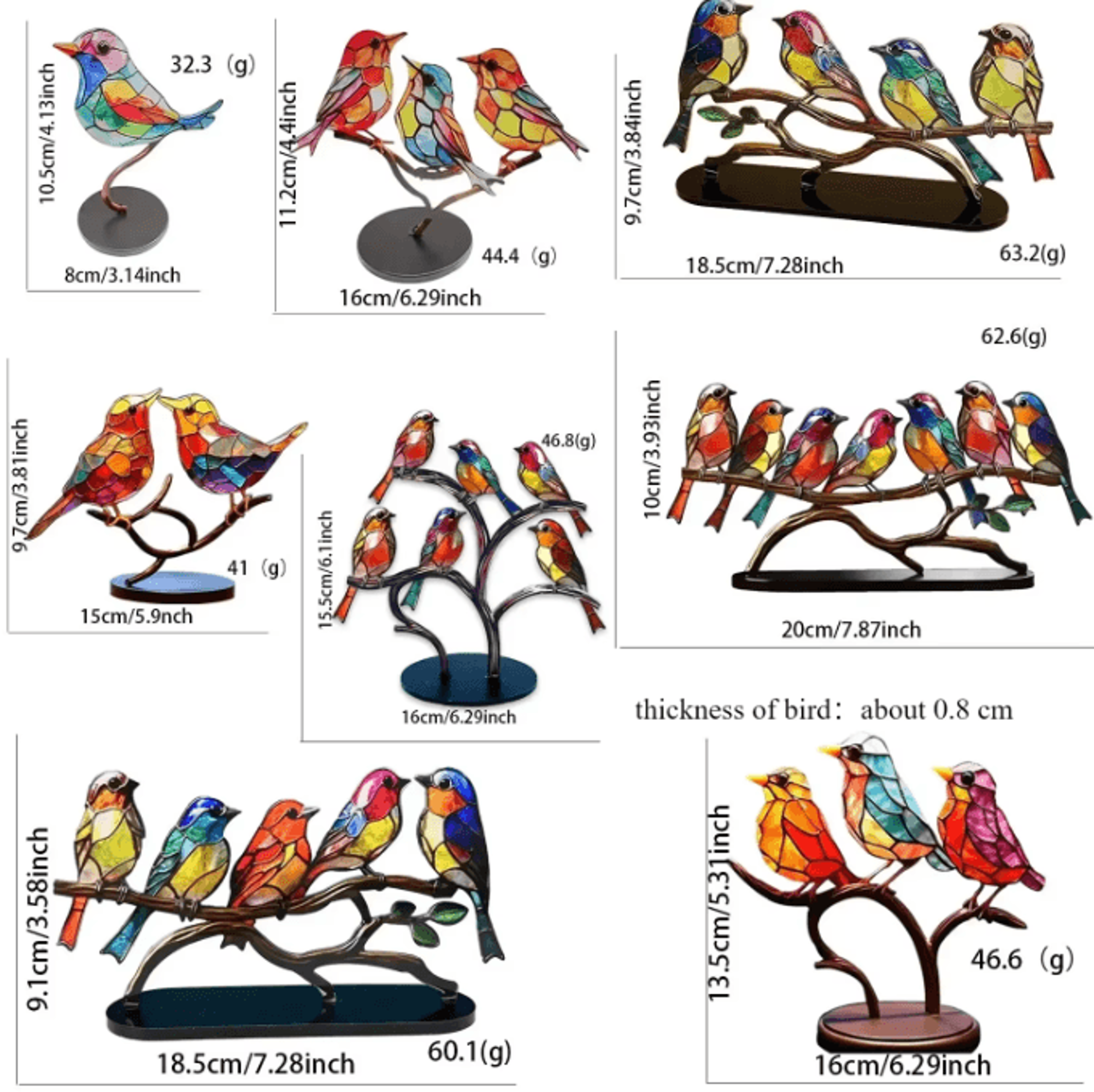 Multicolor Acrylic Birds On Branch Ornament  Stained Glass Style Desktop Decor 4