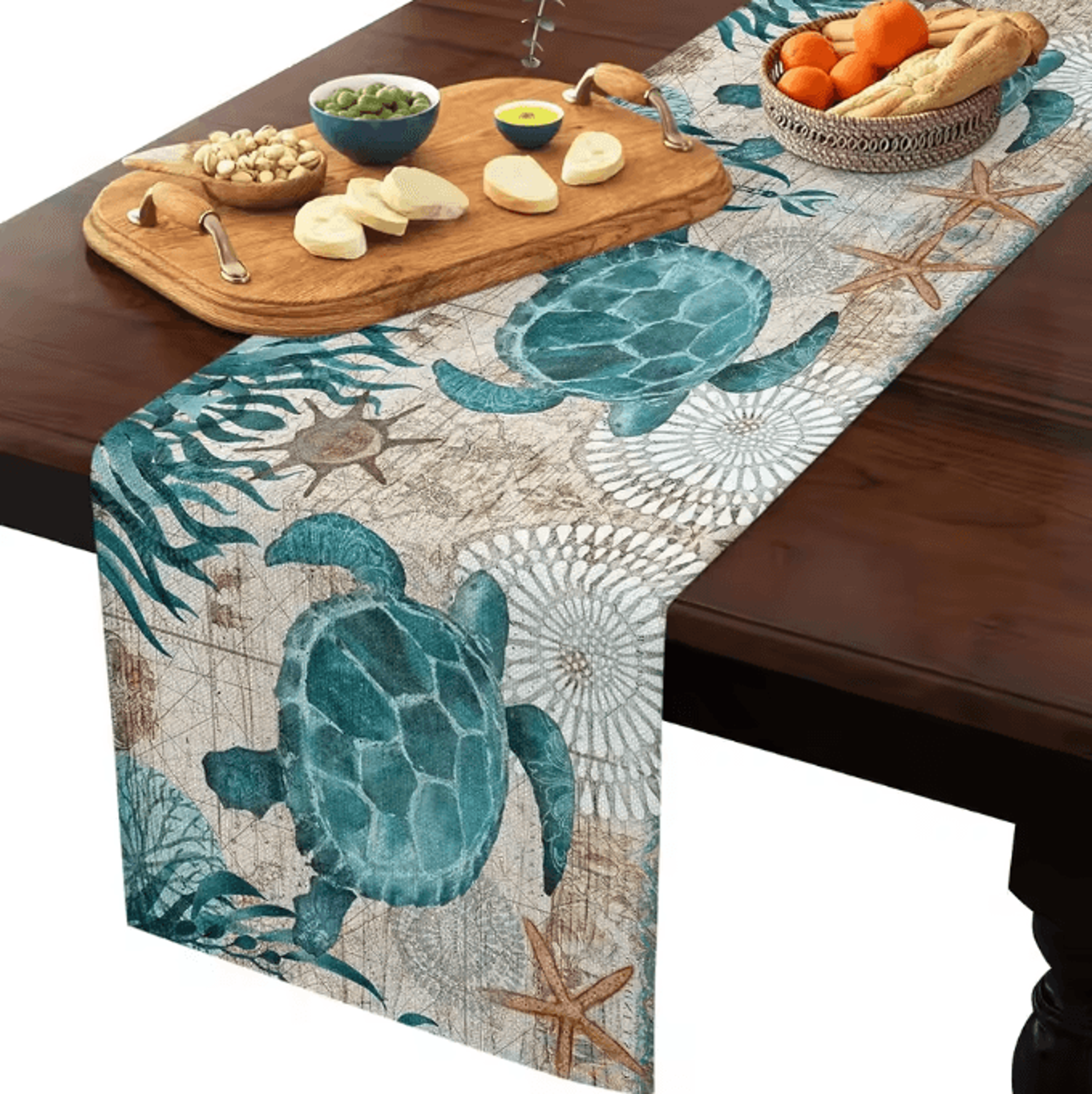 Nautical Sea Turtle Starfish Linen Table Runner  Coastal Beach Dining Decor 1
