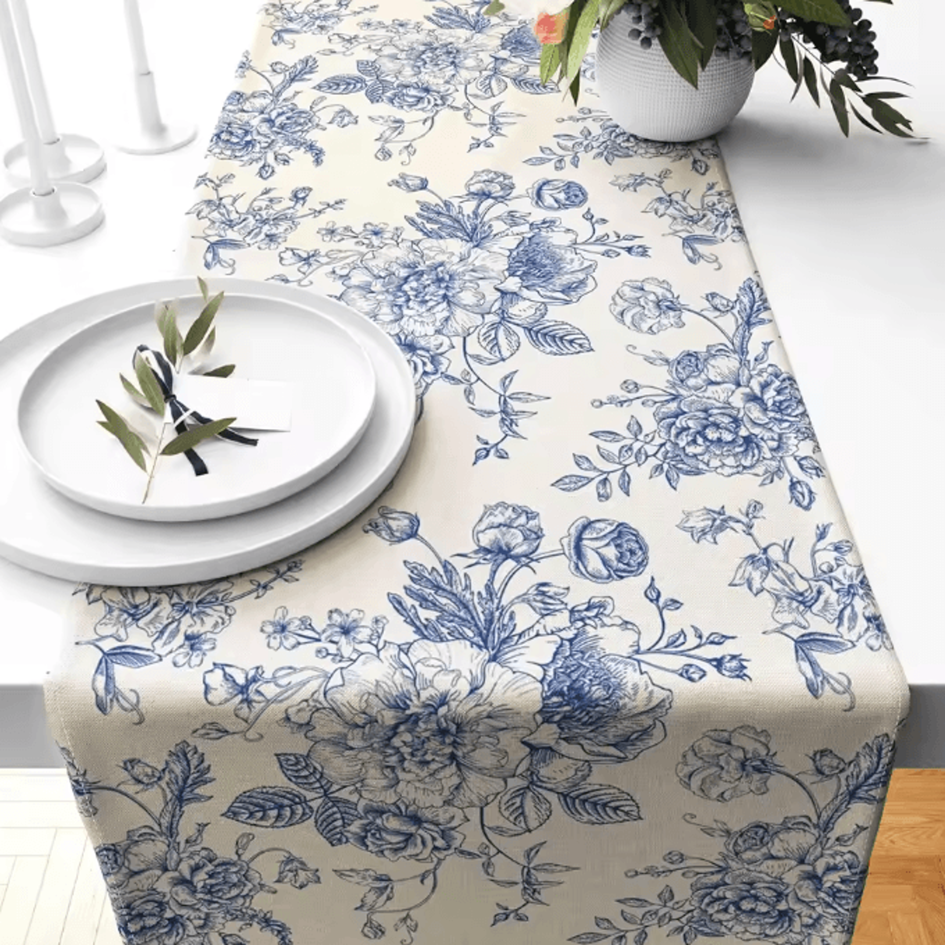 Chinoiserie Blue Floral Linen Table Runner  Elegant Farmhouse Dining Decor 0