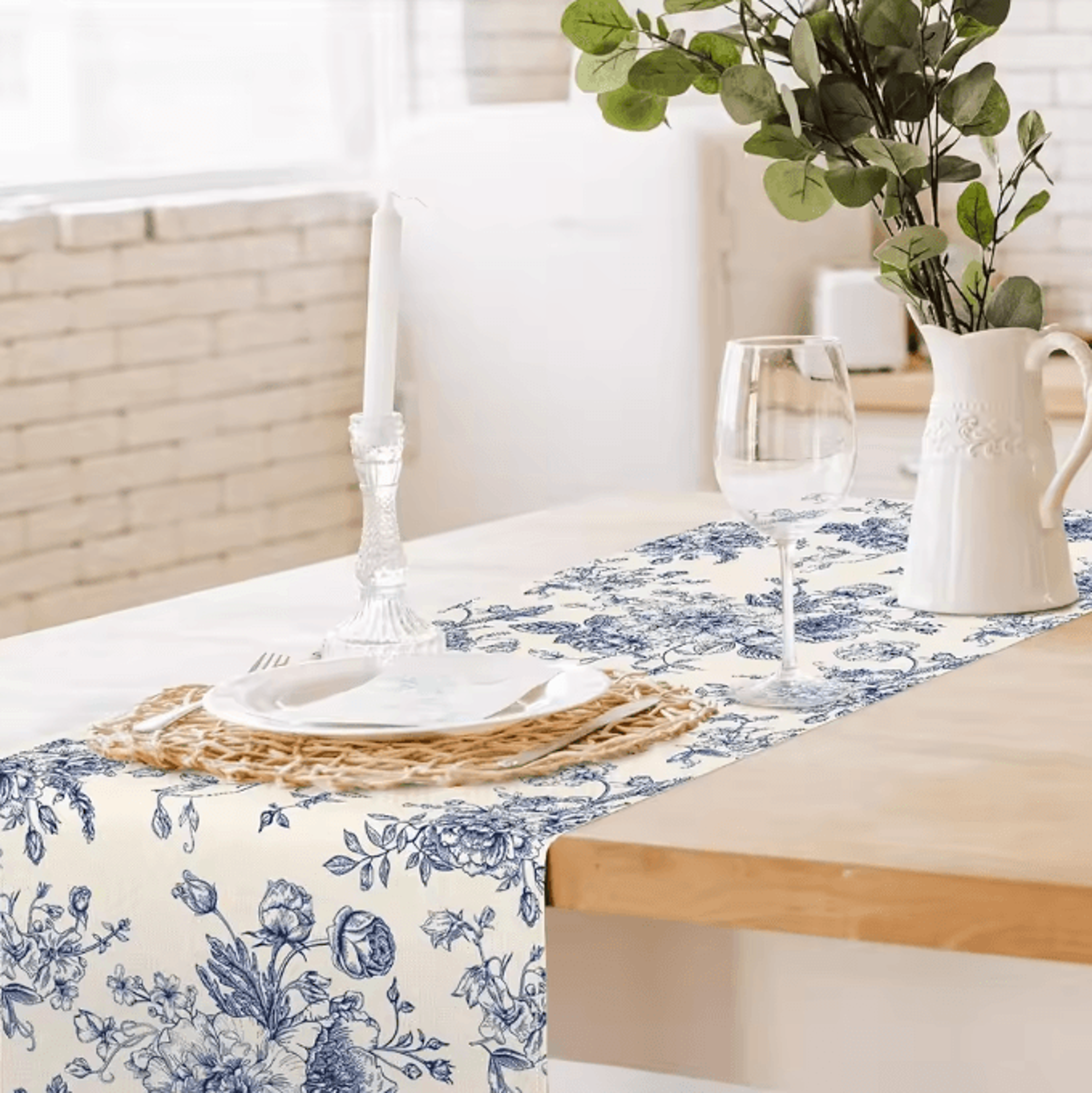 Chinoiserie Blue Floral Linen Table Runner  Elegant Farmhouse Dining Decor 2