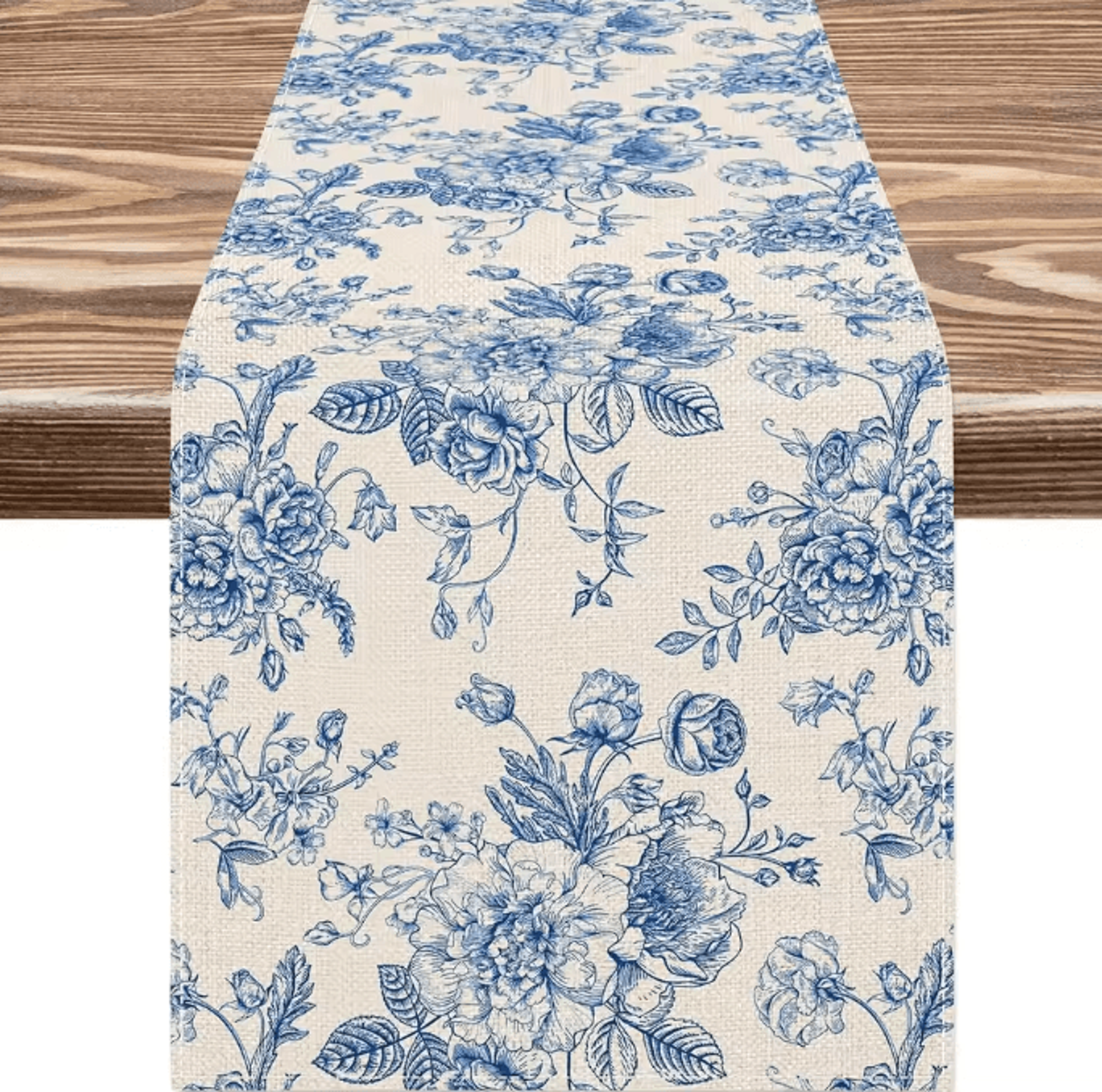Chinoiserie Blue Floral Linen Table Runner  Elegant Farmhouse Dining Decor 5