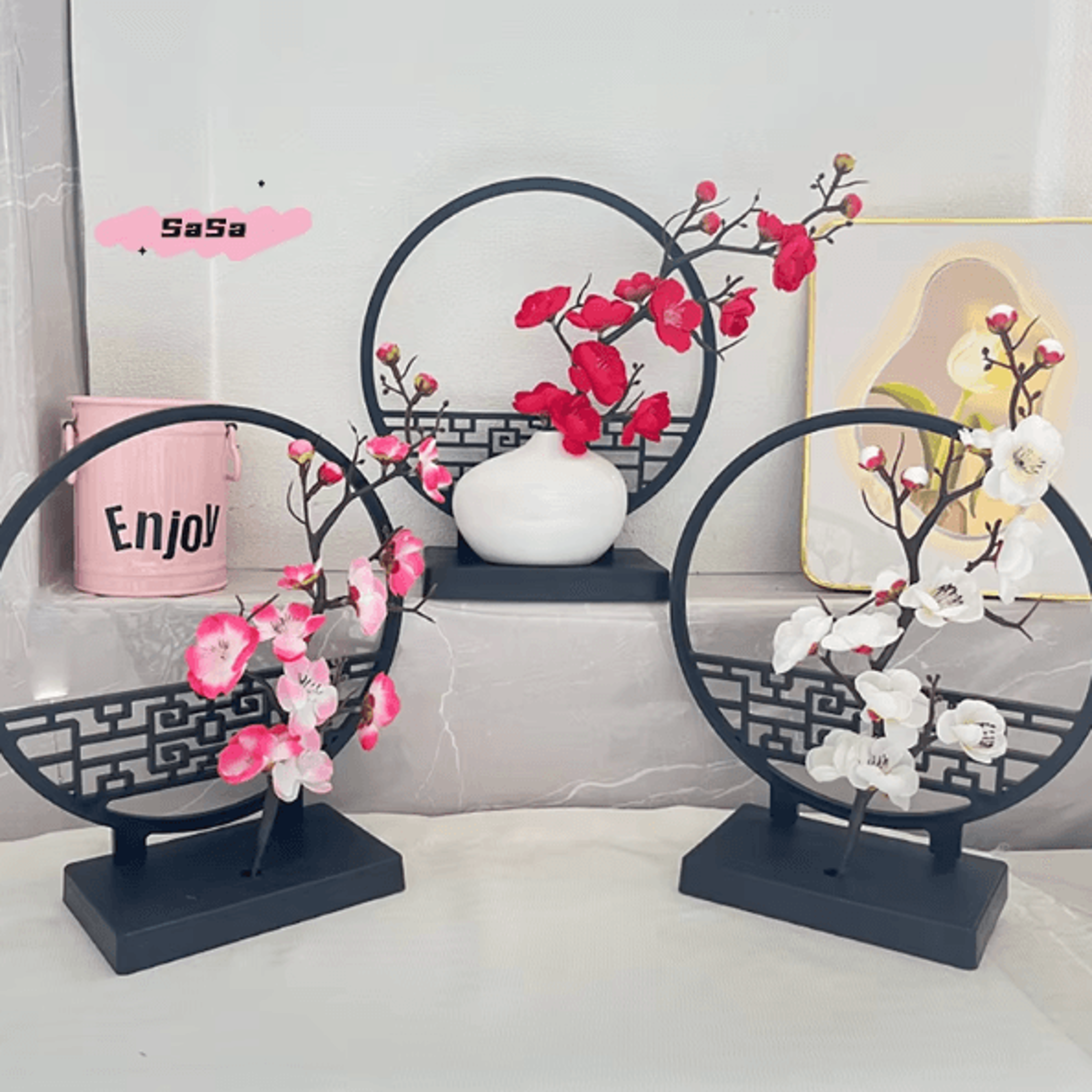 Elegant Artificial Plum Blossom Bonsai With Screen Base  ChineseInspired Mini Bonsai Tree Decor 0