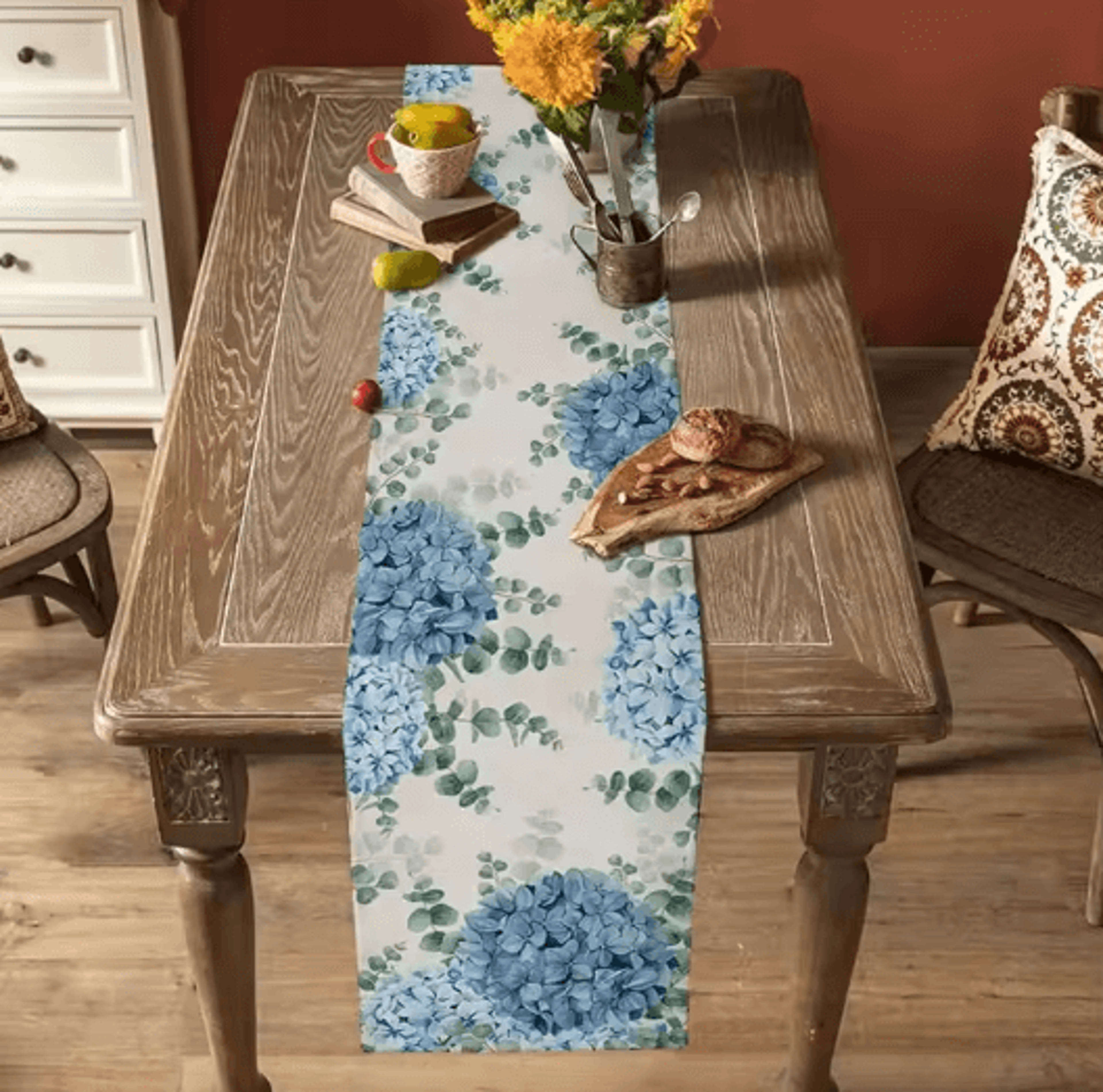 Blue Hydrangea Eucalyptus Linen Table Runner  Farmhouse Floral Dining  Wedding Table Decor 1