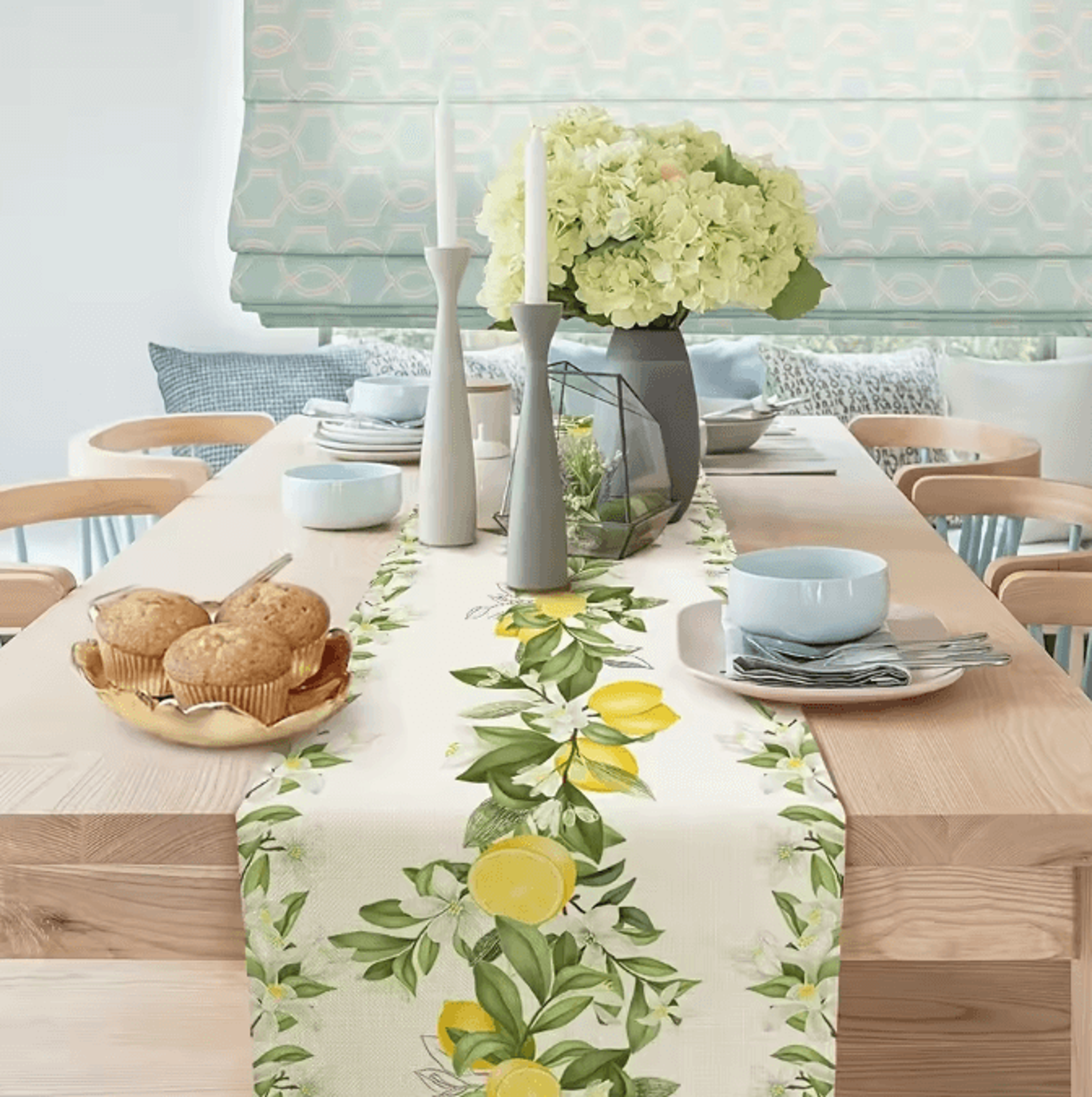 Spring Summer Lemon Floral Linen Table Runner  Fresh Citrus Kitchen  Dining Decor 2