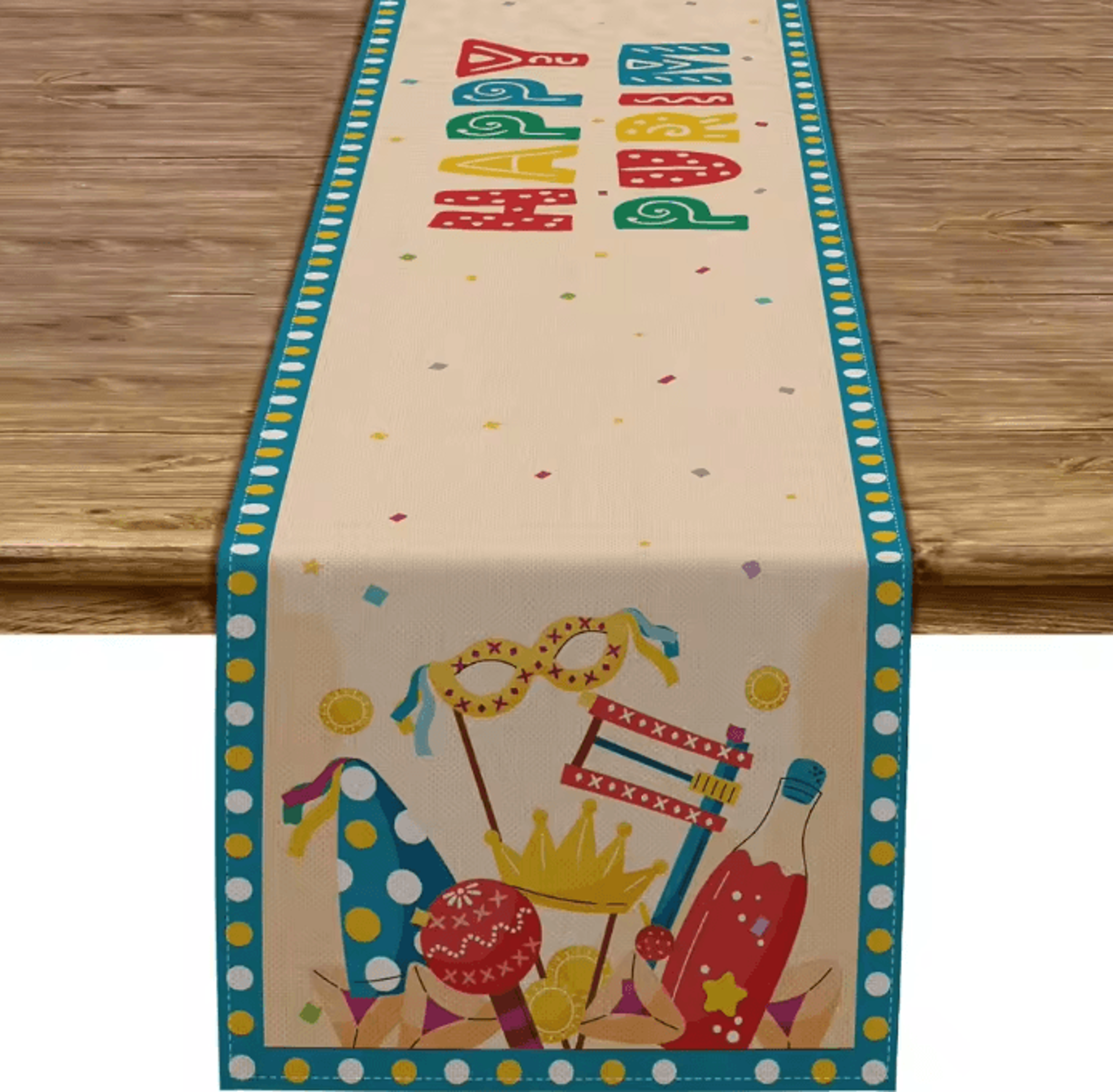 Happy Purim Linen Table Runner  Festive Jewish Holiday Carnival Table Decor 0