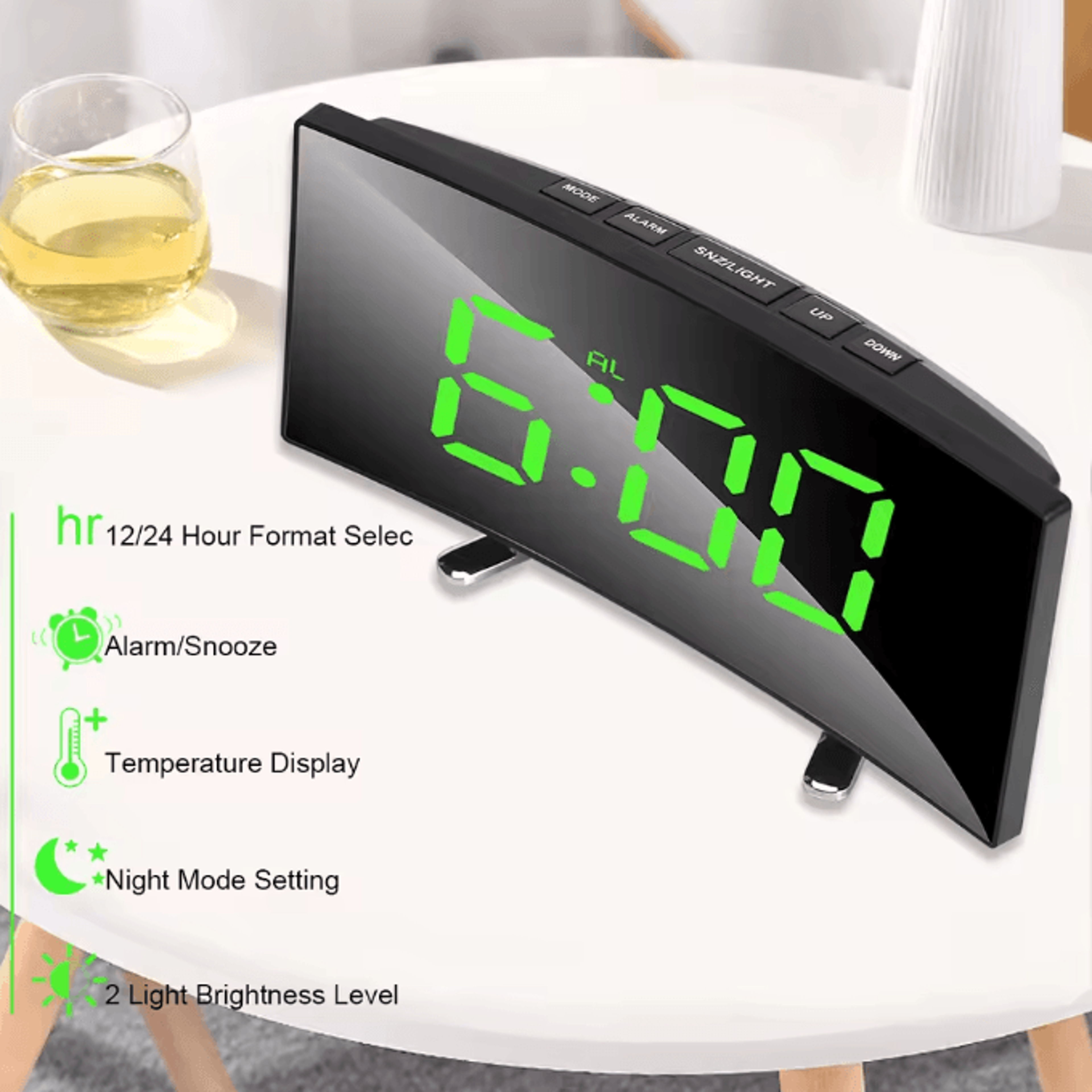 7Inch Curved LED Mirror Alarm Clock  Dimmable Digital Table Clock With Large Display 0
