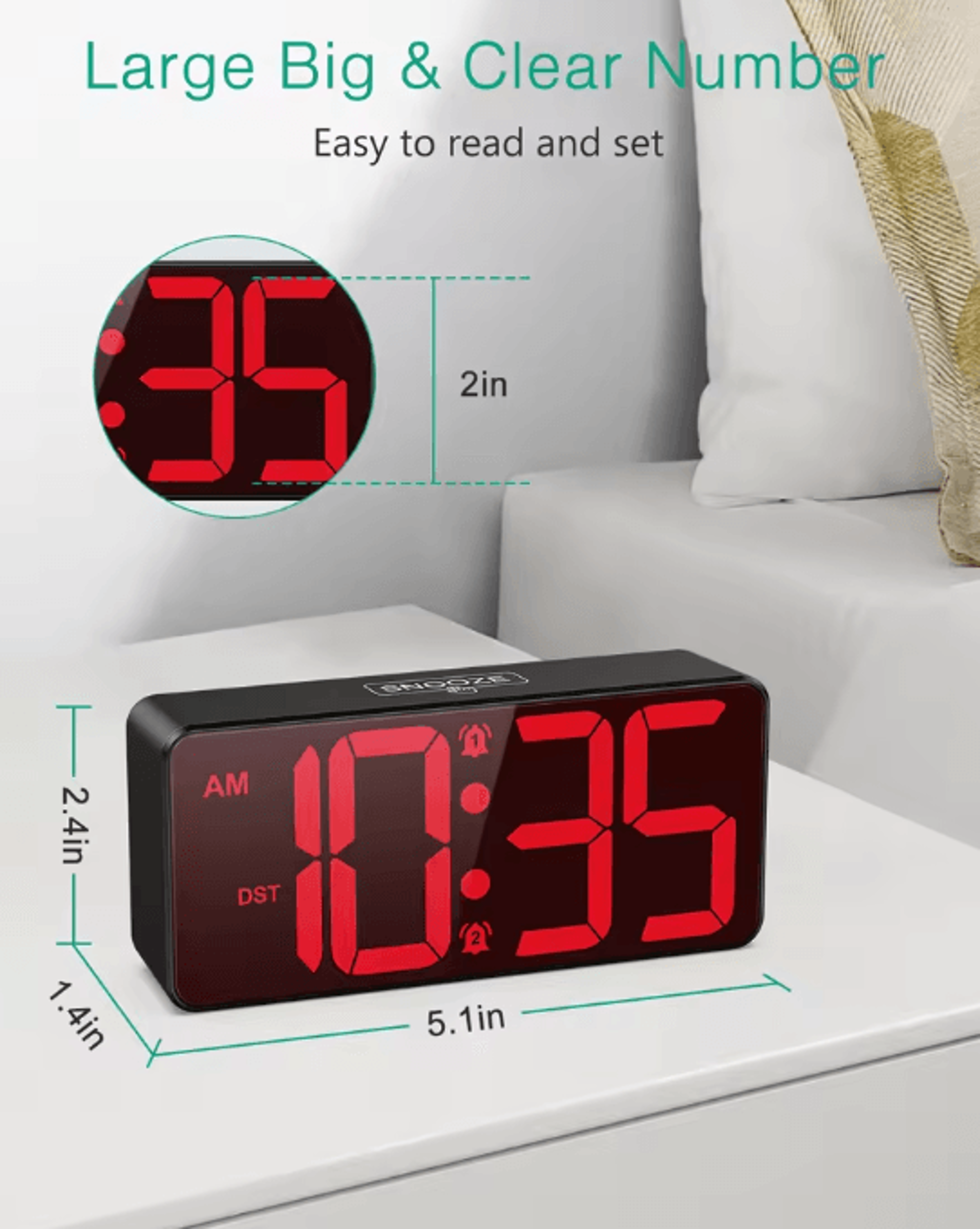 ORIA Digital Alarm Clock  Large Display LED Dual Alarm Clock With Snooze  DST 4