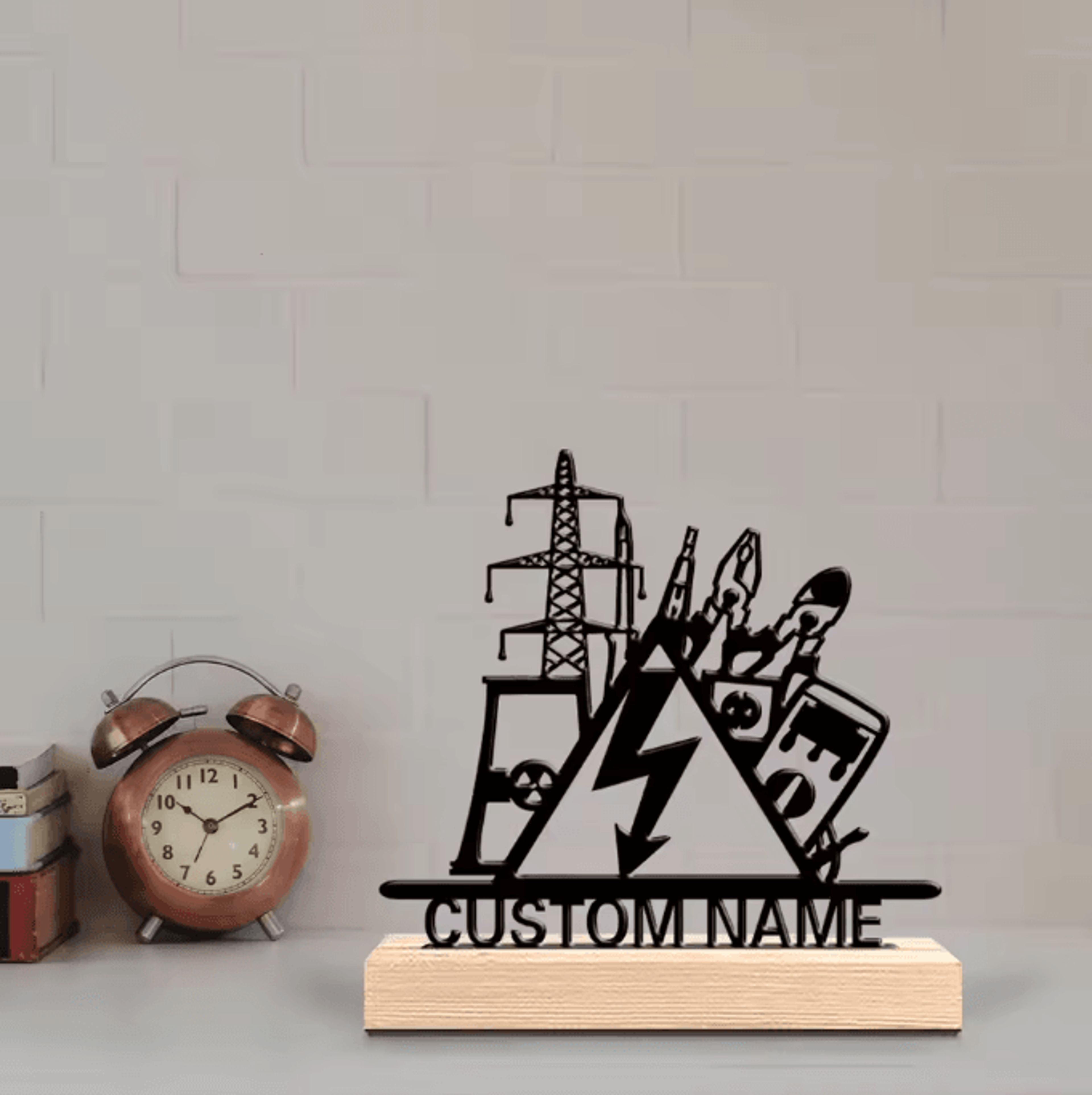 Custom Electrical Engineer Metal Sculpture  Personalized Desk Decor With Wooden Base 1