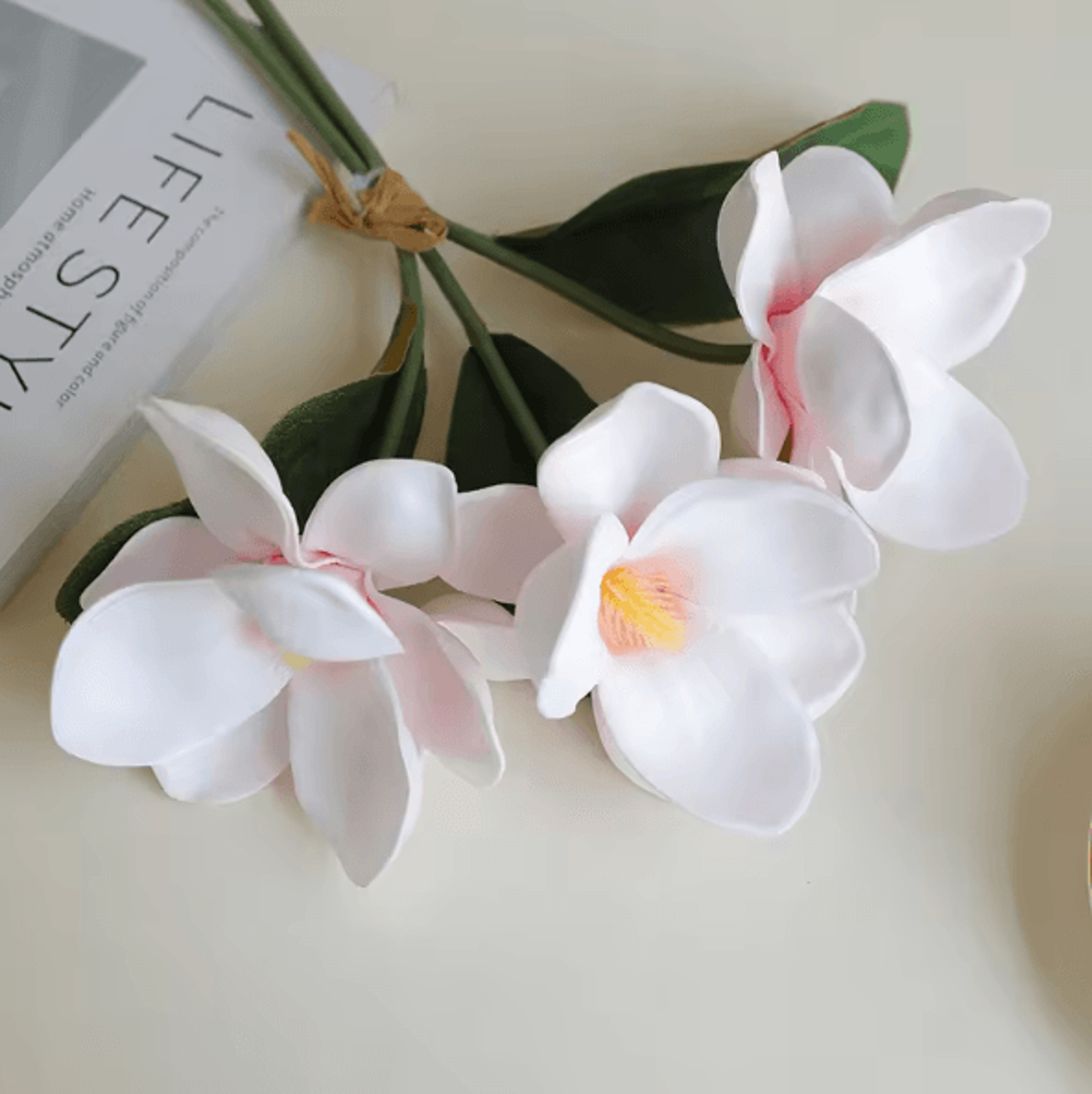Artificial Magnolia Flower Bundle  Elegant 3Branch Silk Floral Decor For Home  Table Styling 8