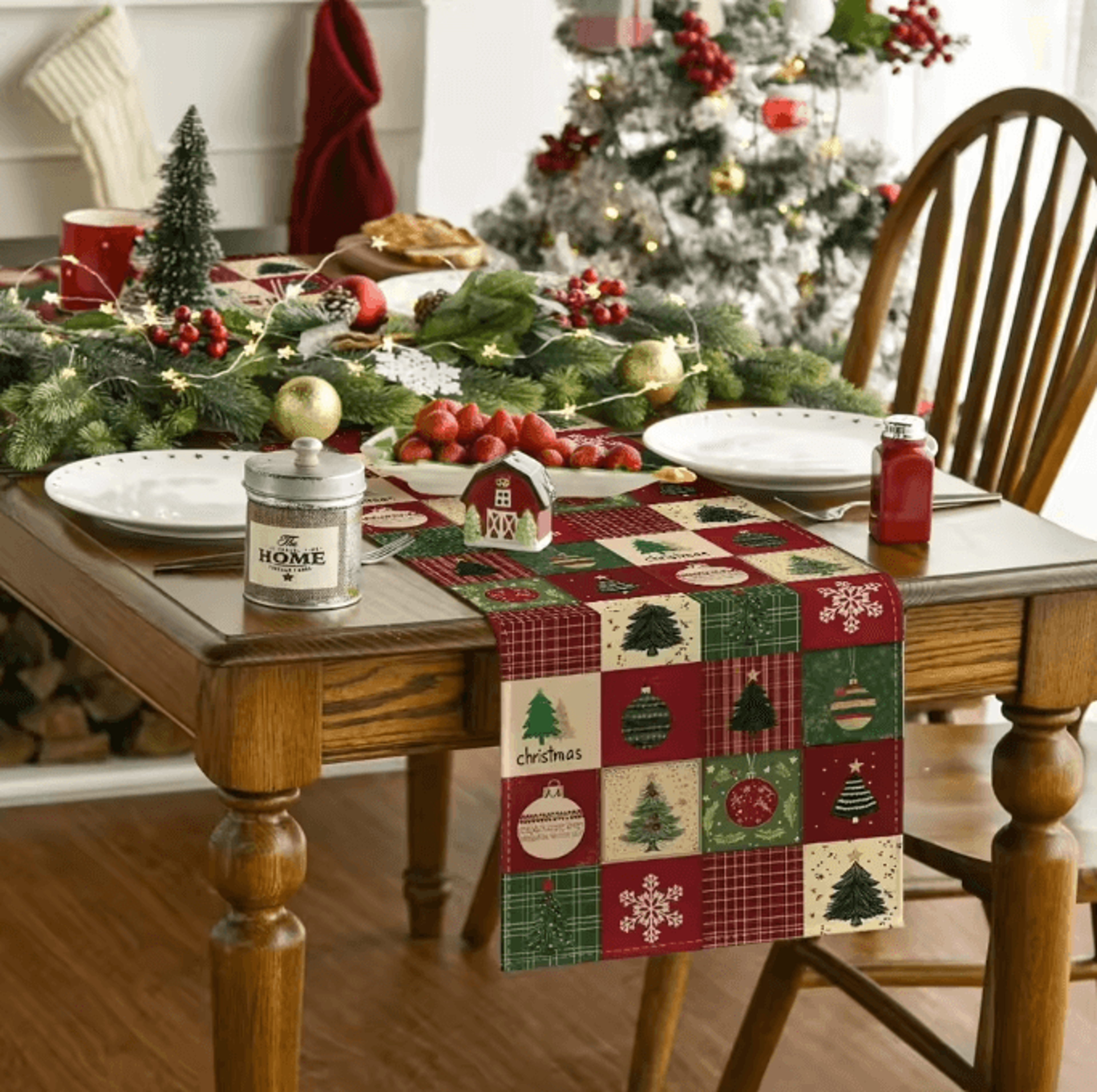 VIKAMA Christmas Plaid Linen Table Runner With Snowflake  Xmas Ball Design 3