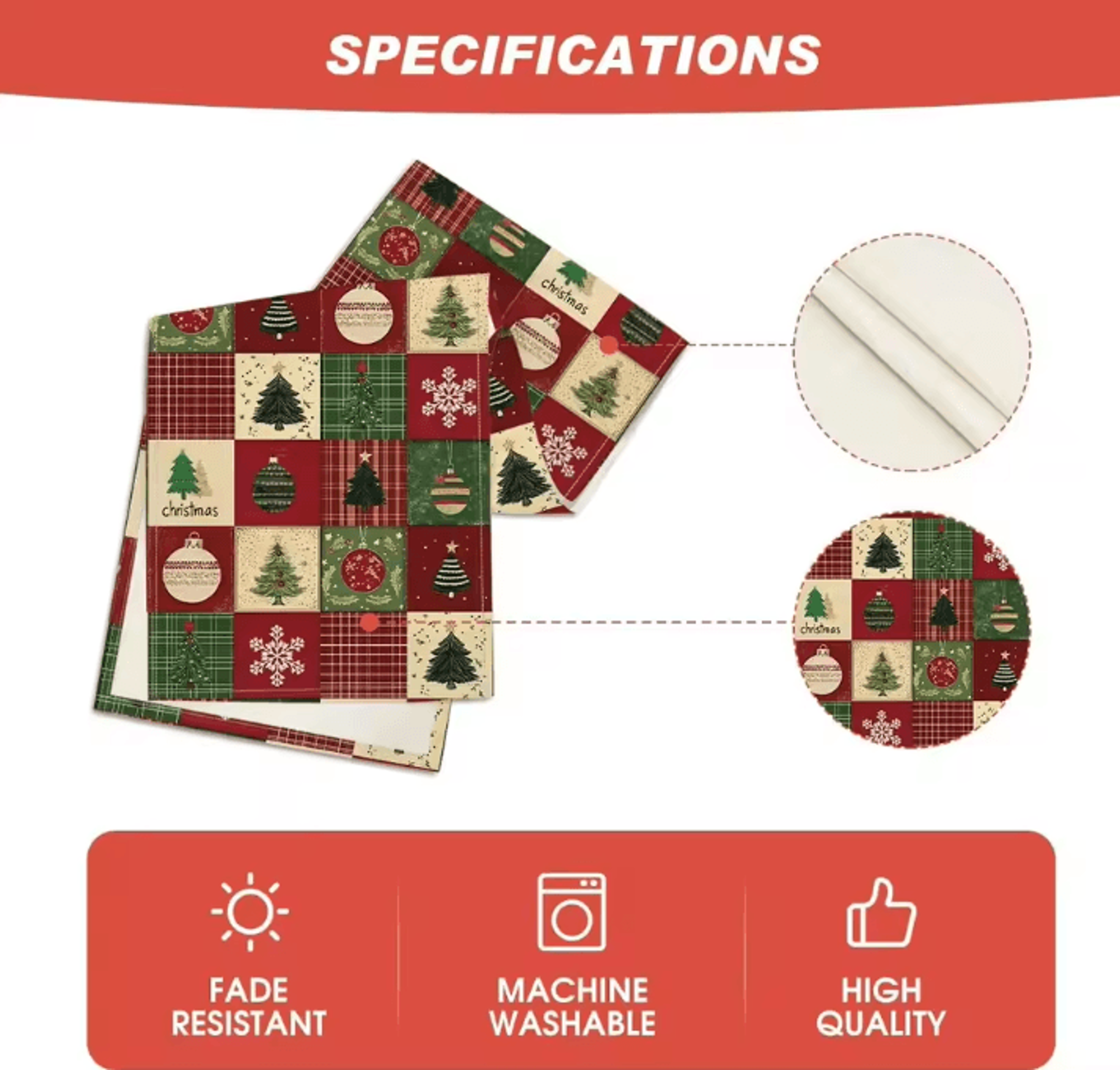 VIKAMA Christmas Plaid Linen Table Runner With Snowflake  Xmas Ball Design 4
