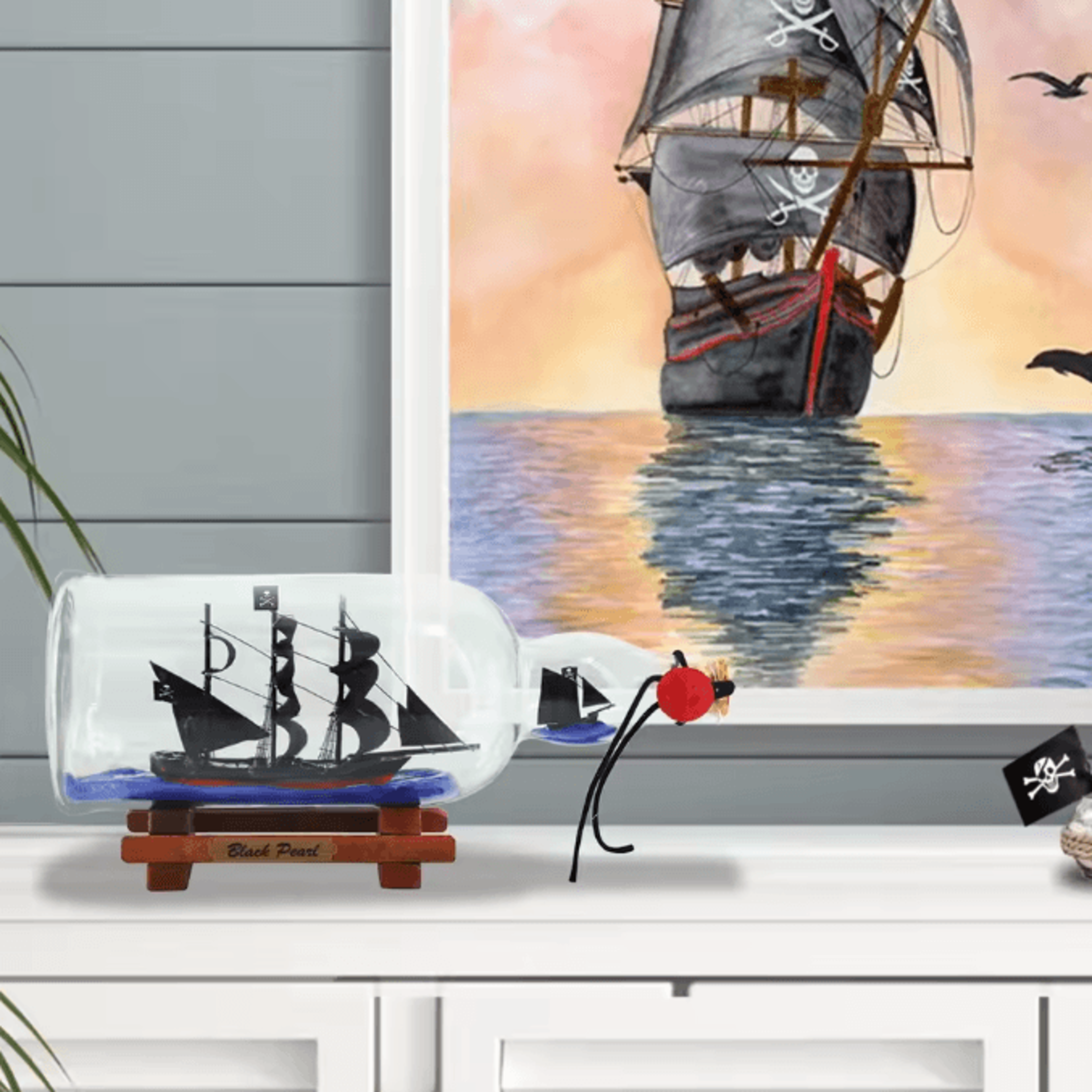 OceanMyst Black Pearl Ship In Bottle Nautical Pirate Decor Glass Ornament 2