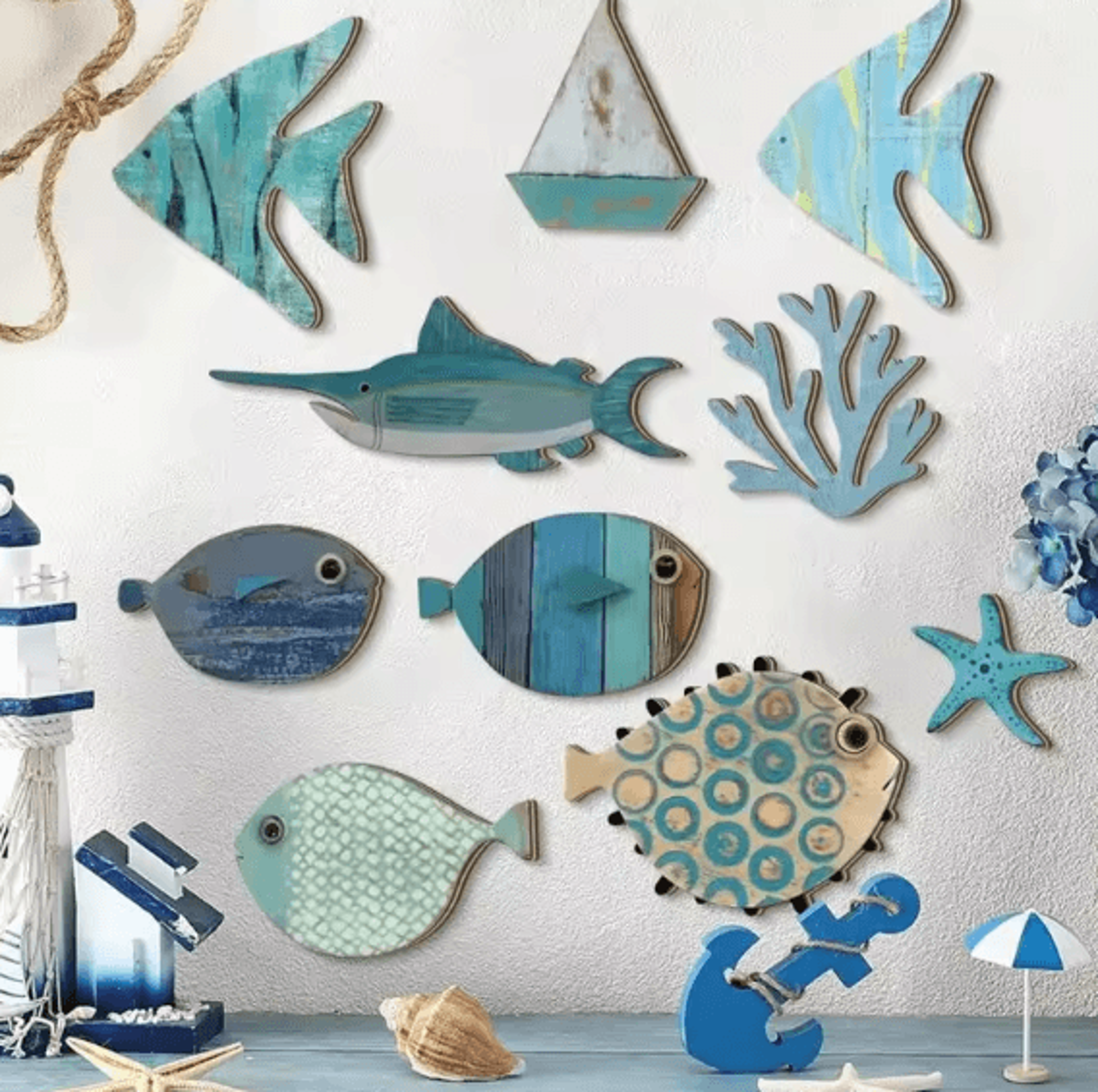 OceanCraft 10PCS Wooden Fish Wall Decor Nautical Coastal Hanging Art Set 0