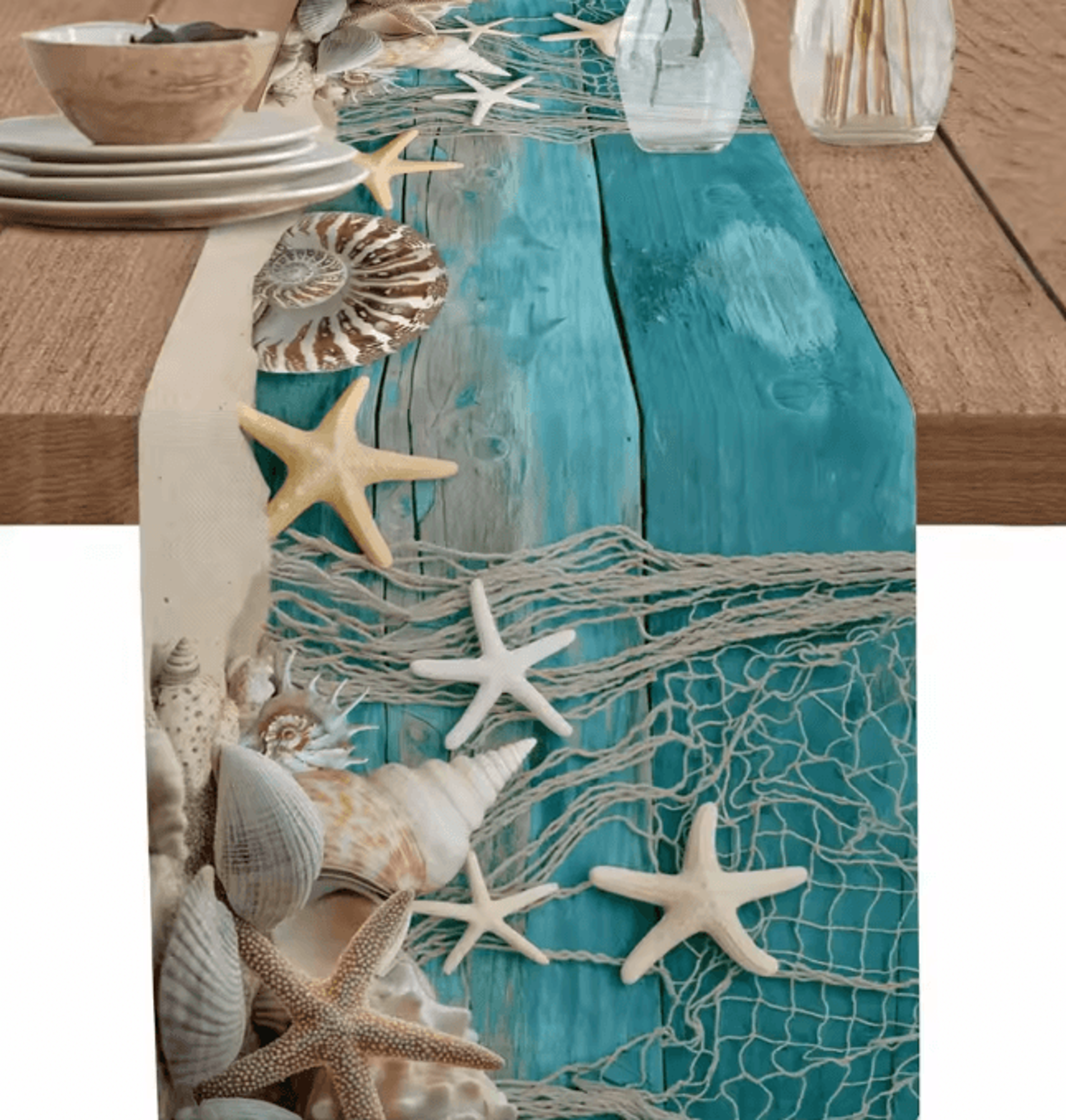 Summer Beach Starfish Linen Table Runner  Coastal Ocean Decor For Dining  Parties 0