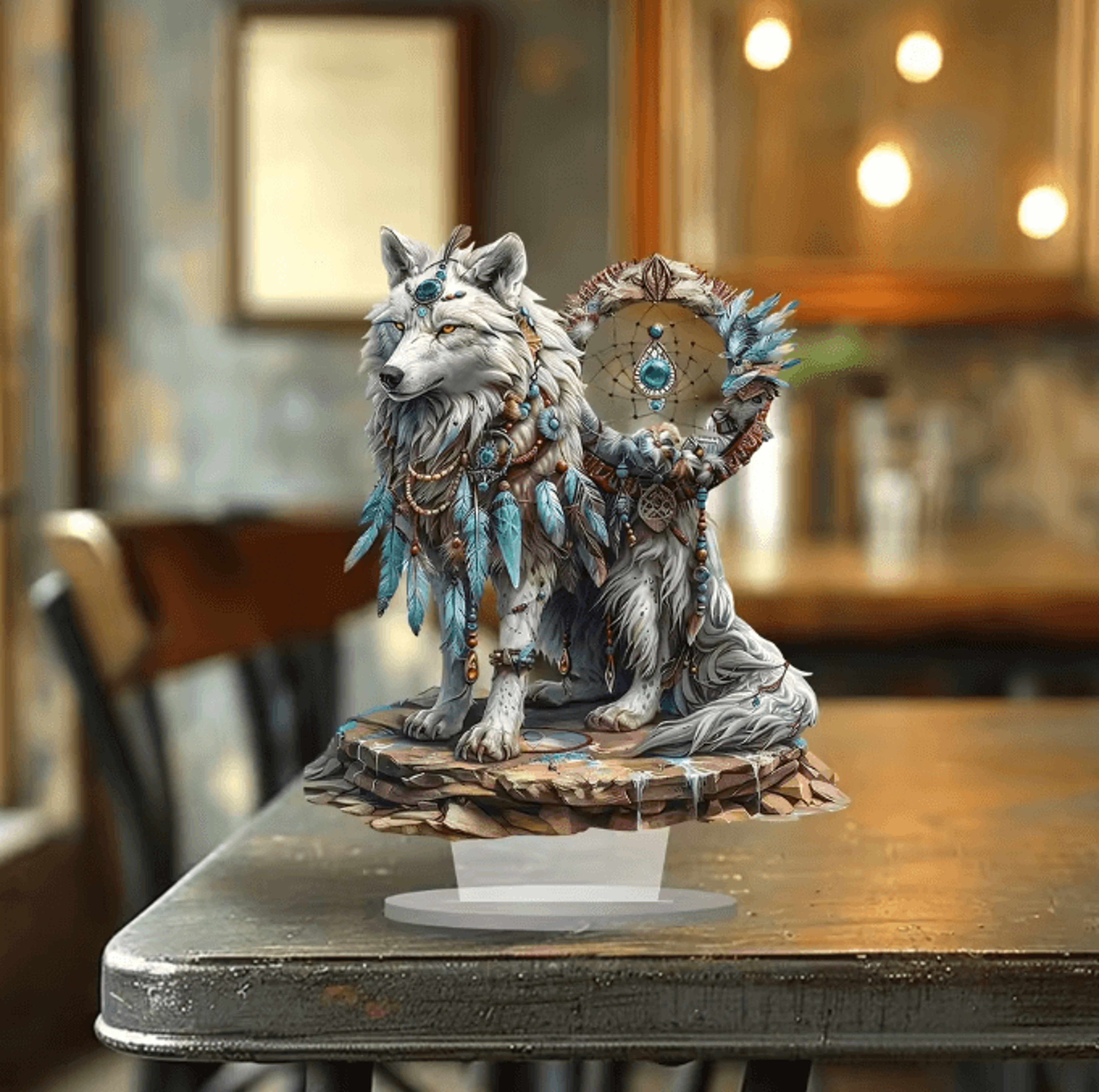Majestic White Wolf Dream Catcher Acrylic Desk Decor  Boho Tabletop Sign 3