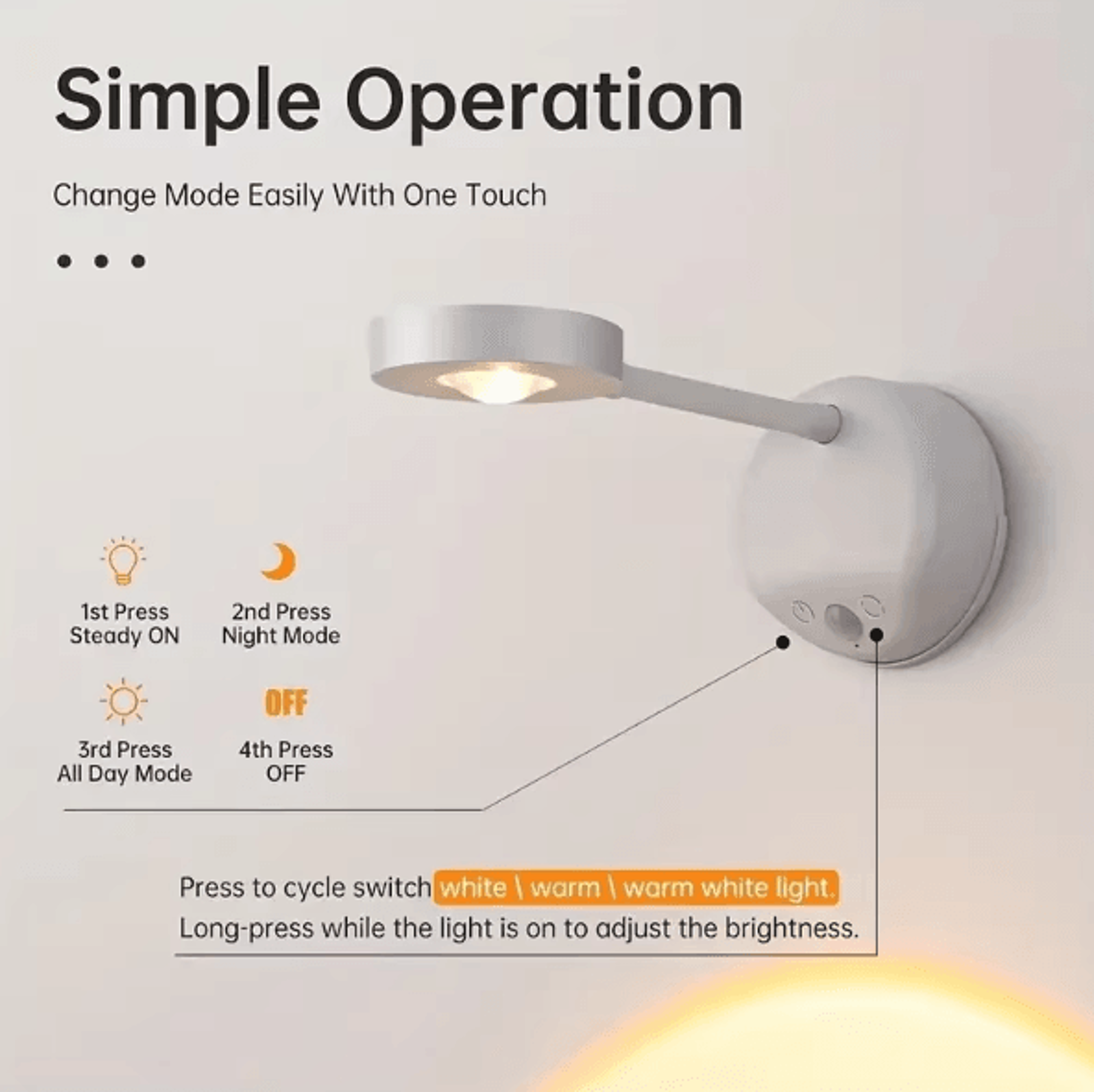 USB Rechargeable Motion Sensor Wall Light  Dimmable LED Picture Spotlight 3 Color Modes 3
