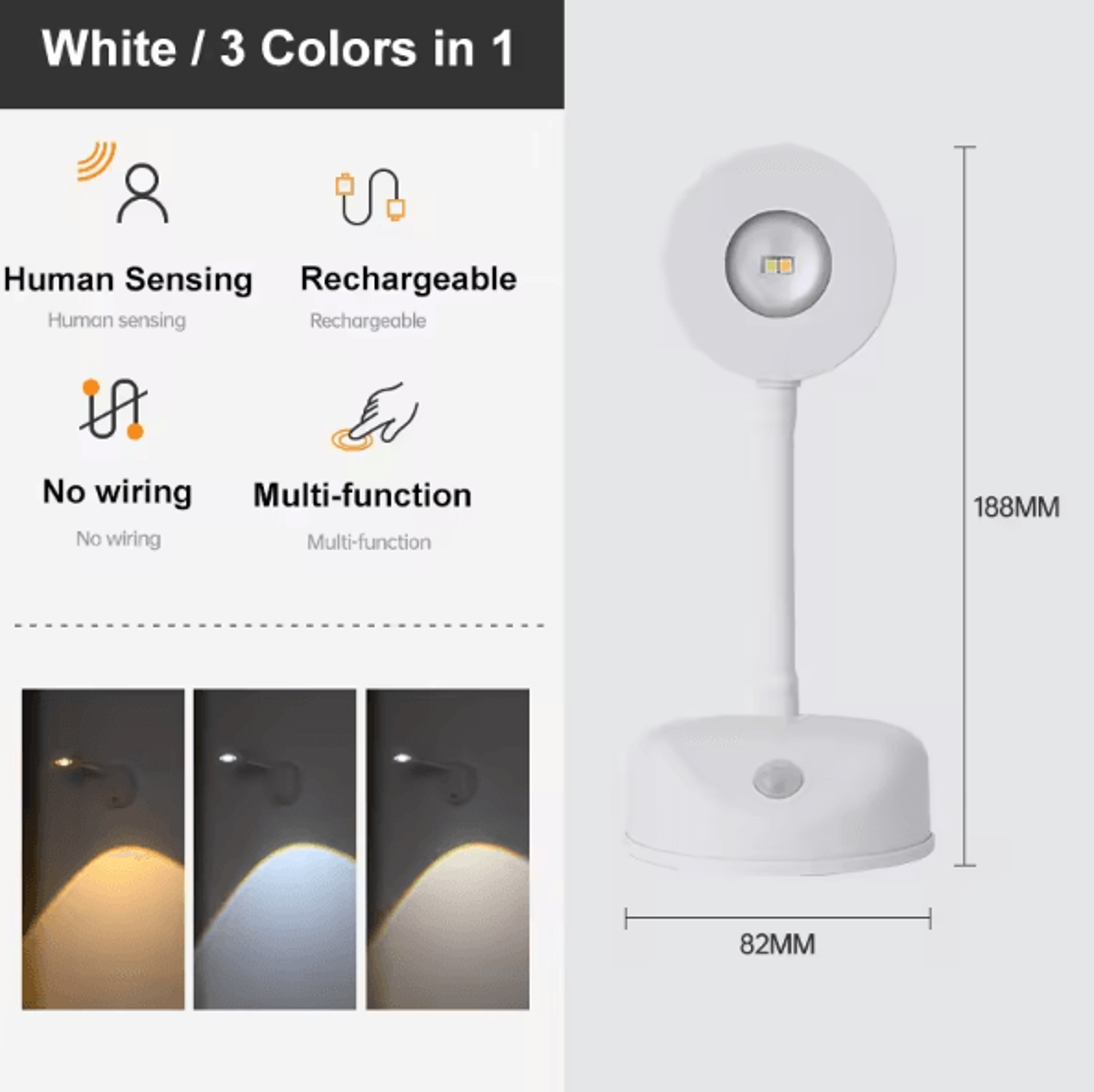 USB Rechargeable Motion Sensor Wall Light  Dimmable LED Picture Spotlight 3 Color Modes 5