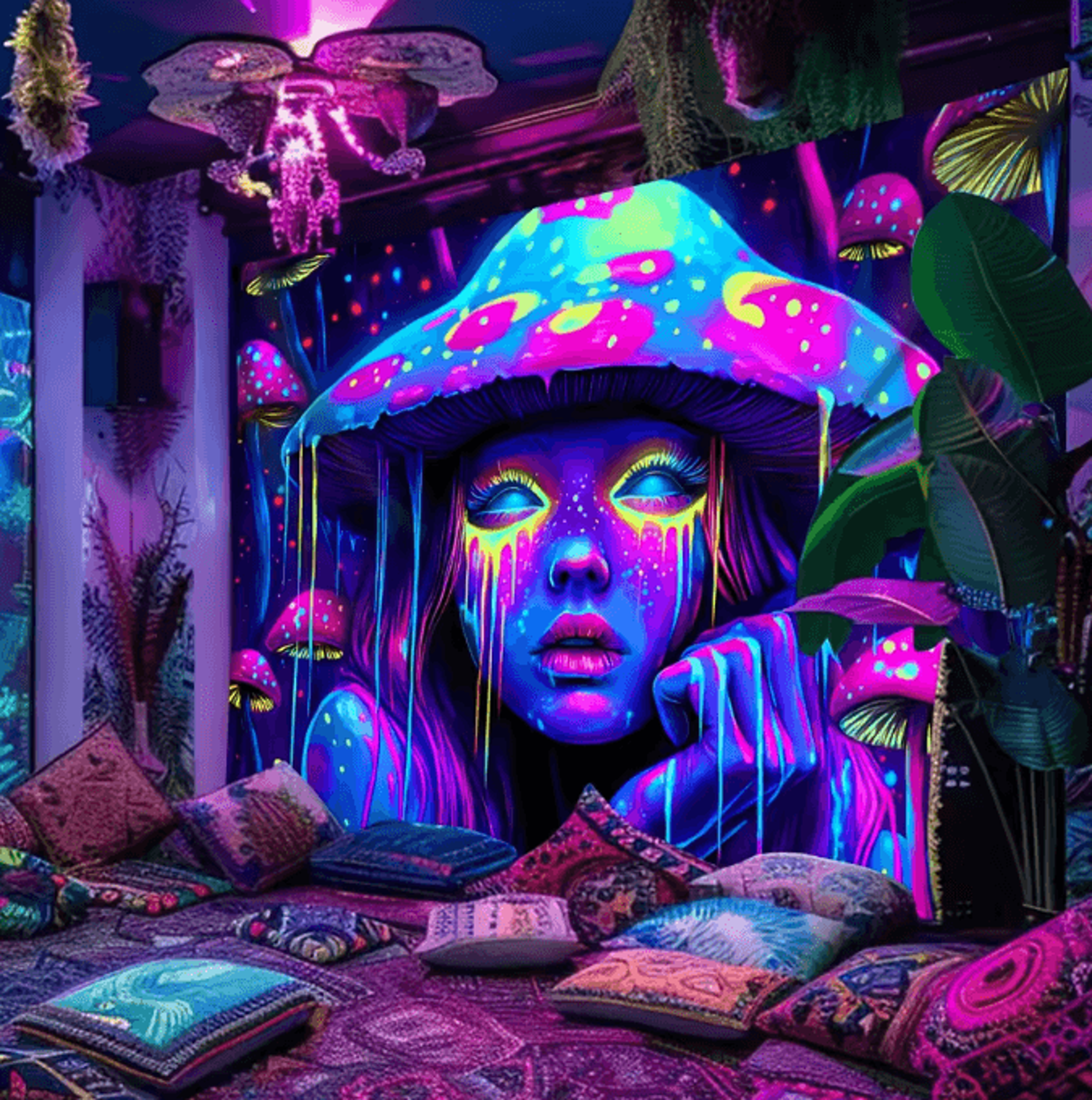 VIKAMA Psychedelic Mushroom Girl Tapestry  Blacklight Reactive Trippy Wall Decor 0