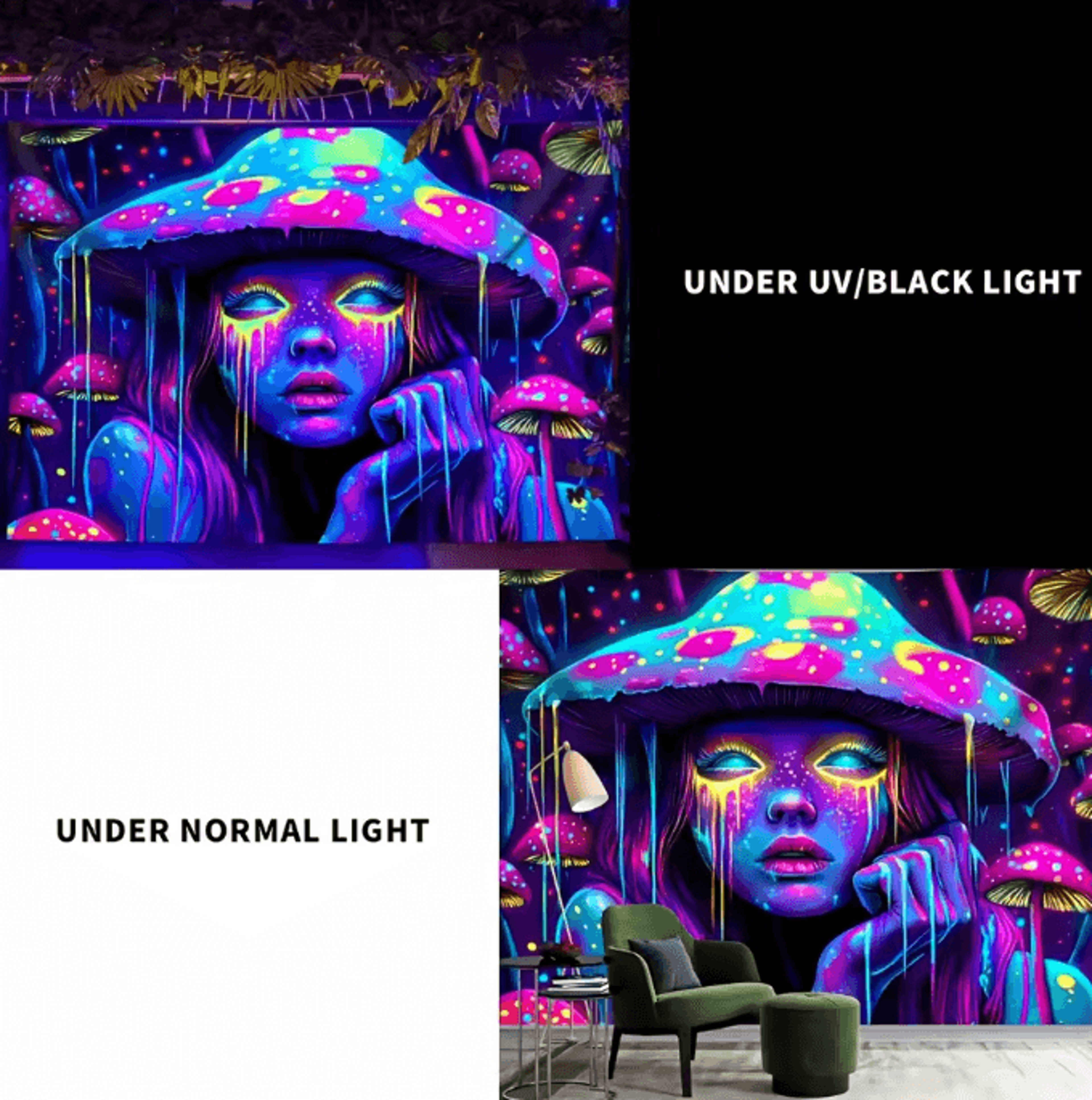 VIKAMA Psychedelic Mushroom Girl Tapestry  Blacklight Reactive Trippy Wall Decor 4