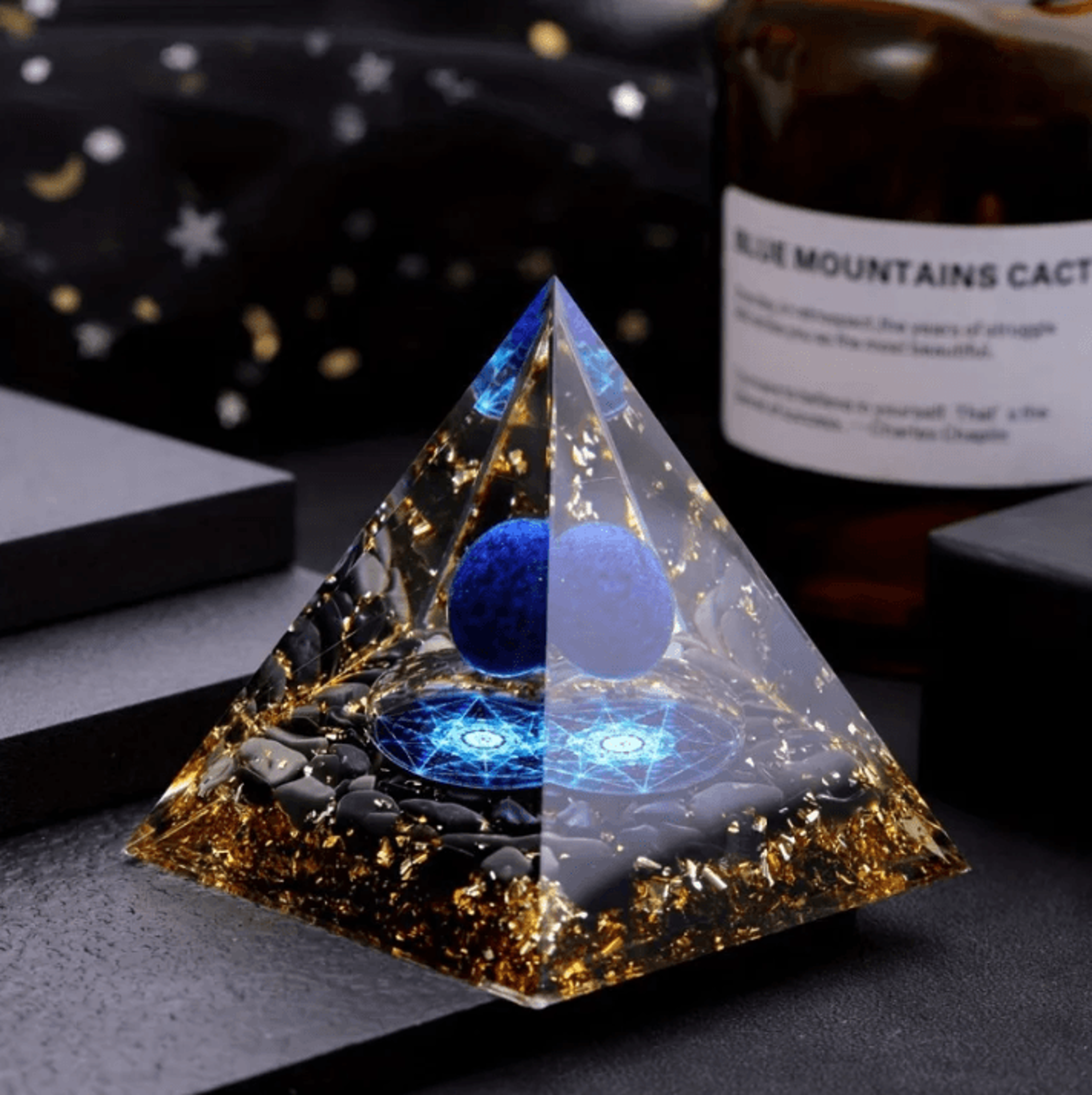 Lapis Lazuli Crystal Sphere  Pyramid Set  Elegant Blue Geometric Home Decor 0