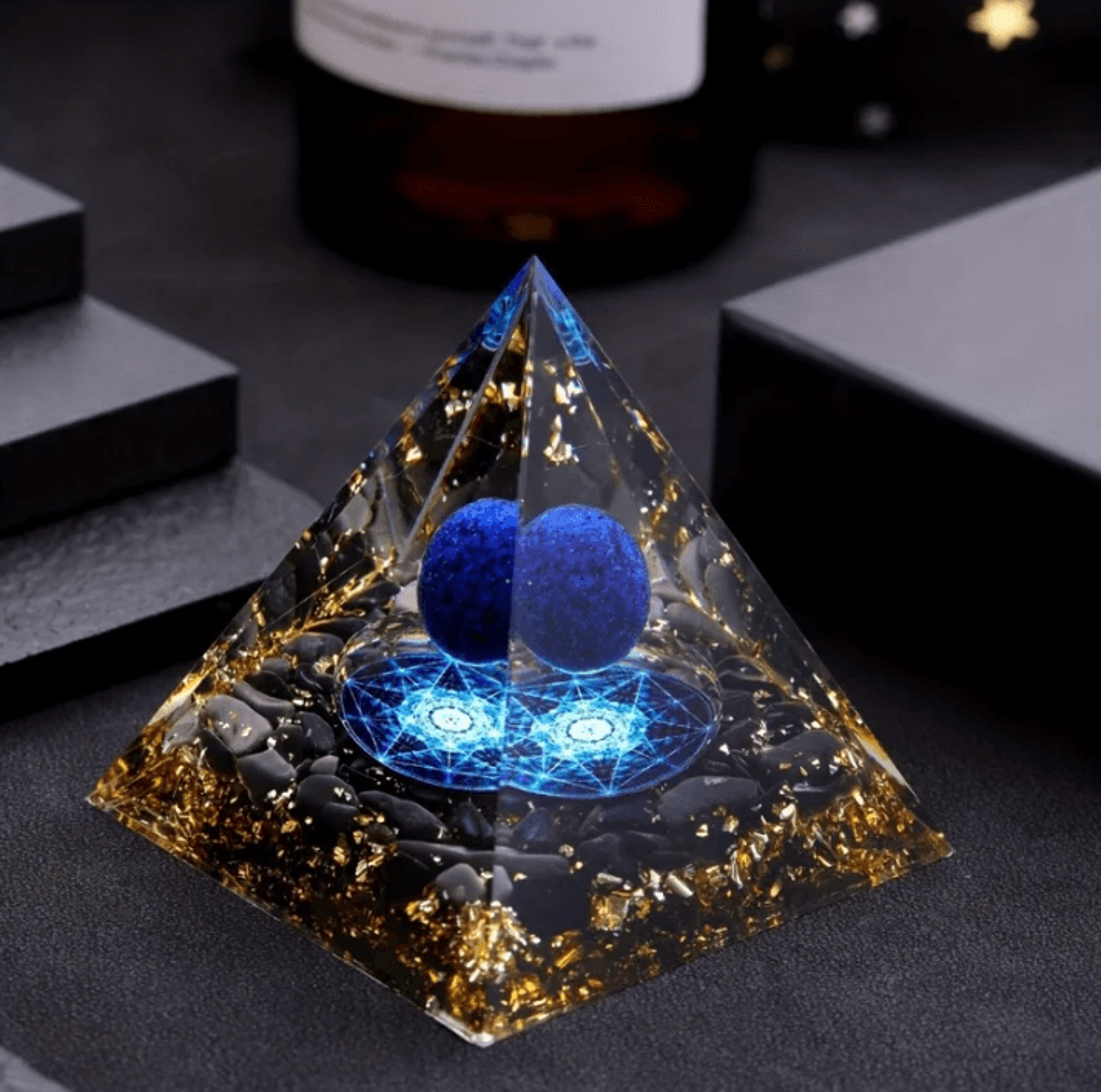 Lapis Lazuli Crystal Sphere  Pyramid Set  Elegant Blue Geometric Home Decor 1