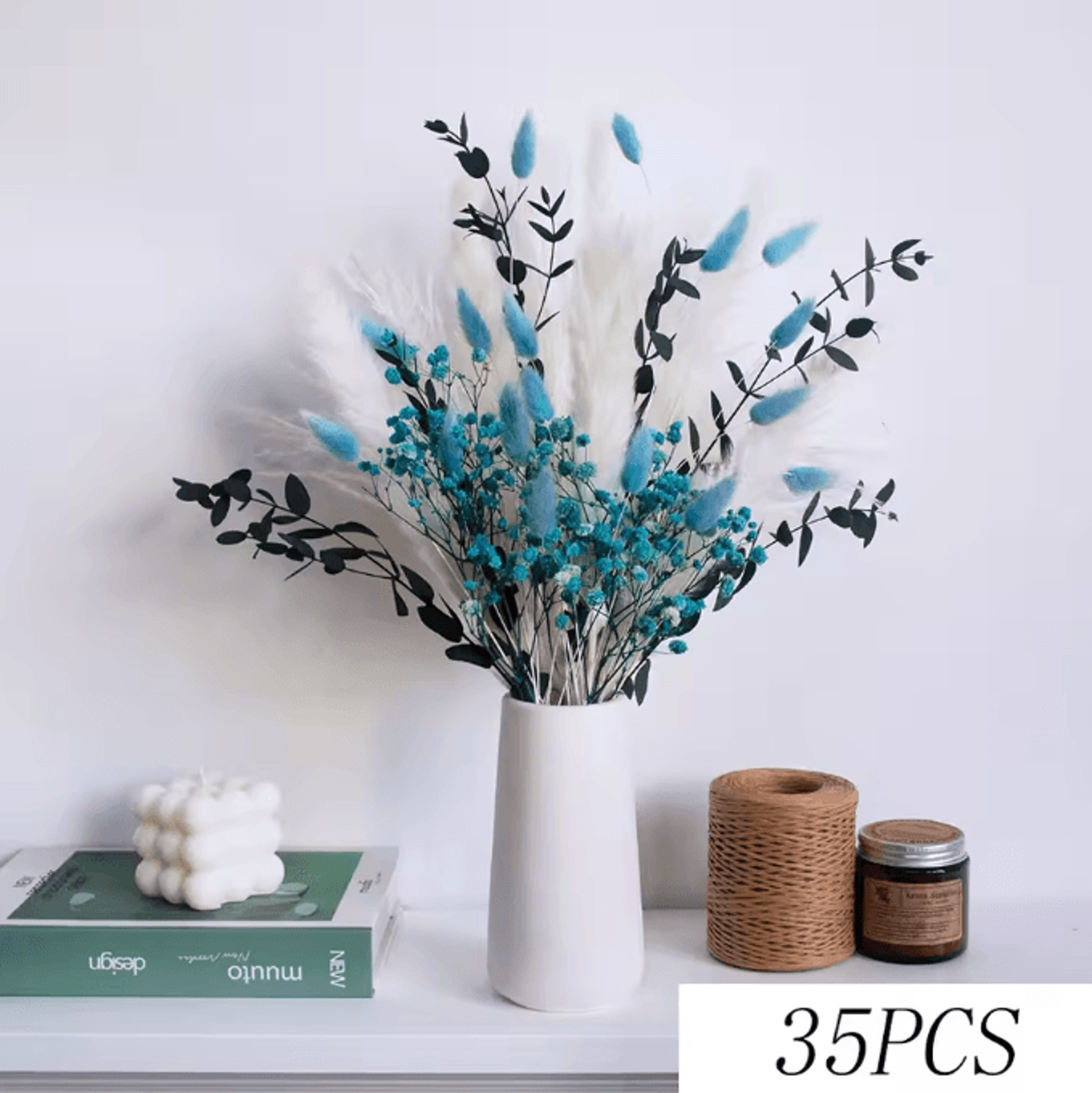 70 Stem Blue Bunny Tail Pampas Grass Bouquet  Fluffy Artificial Dried Flower Decor 9