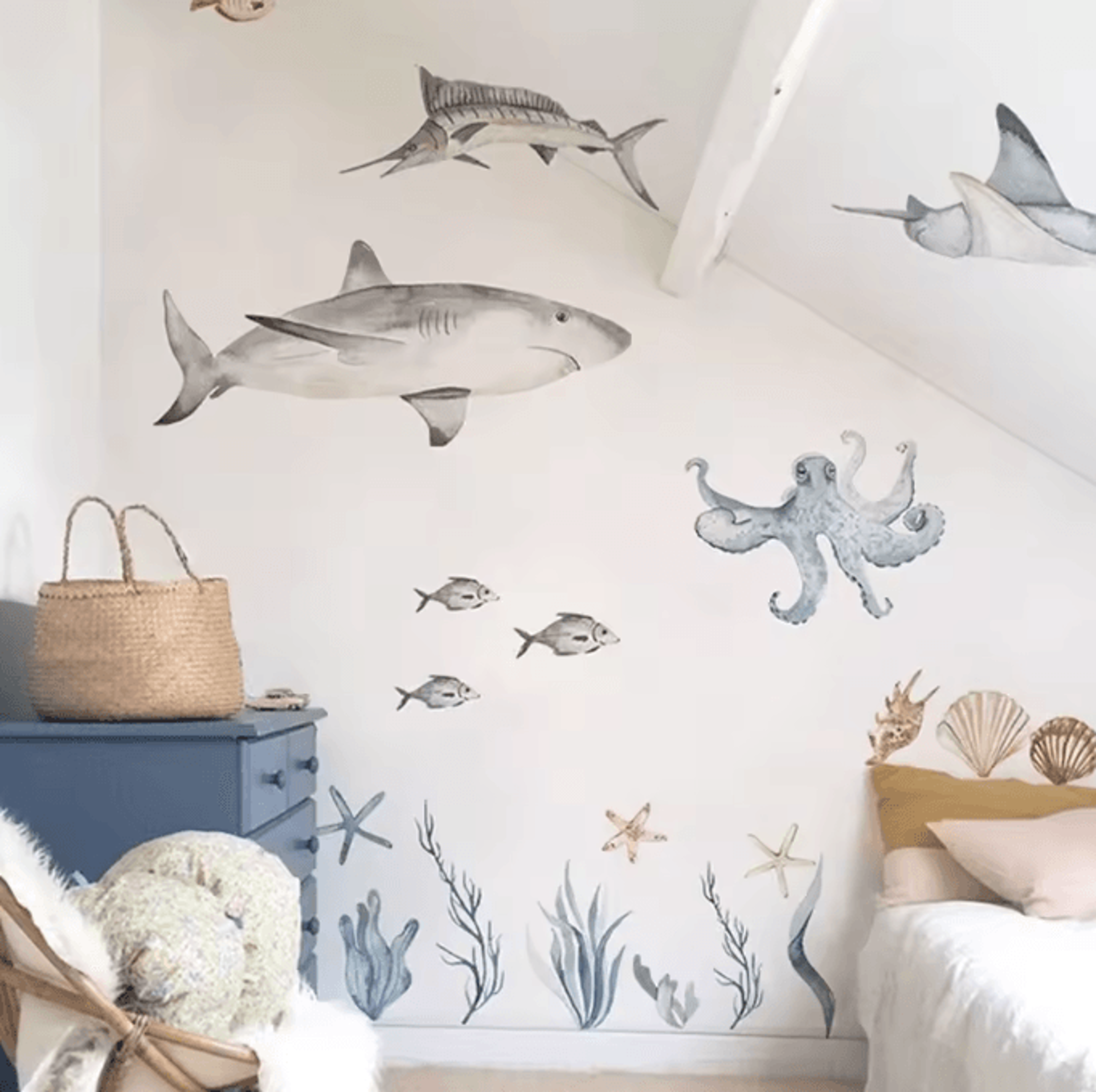 Watercolor Shark Wall Decals  3D Ocean Animal Stickers For Kids Room  Nursery Decor 0