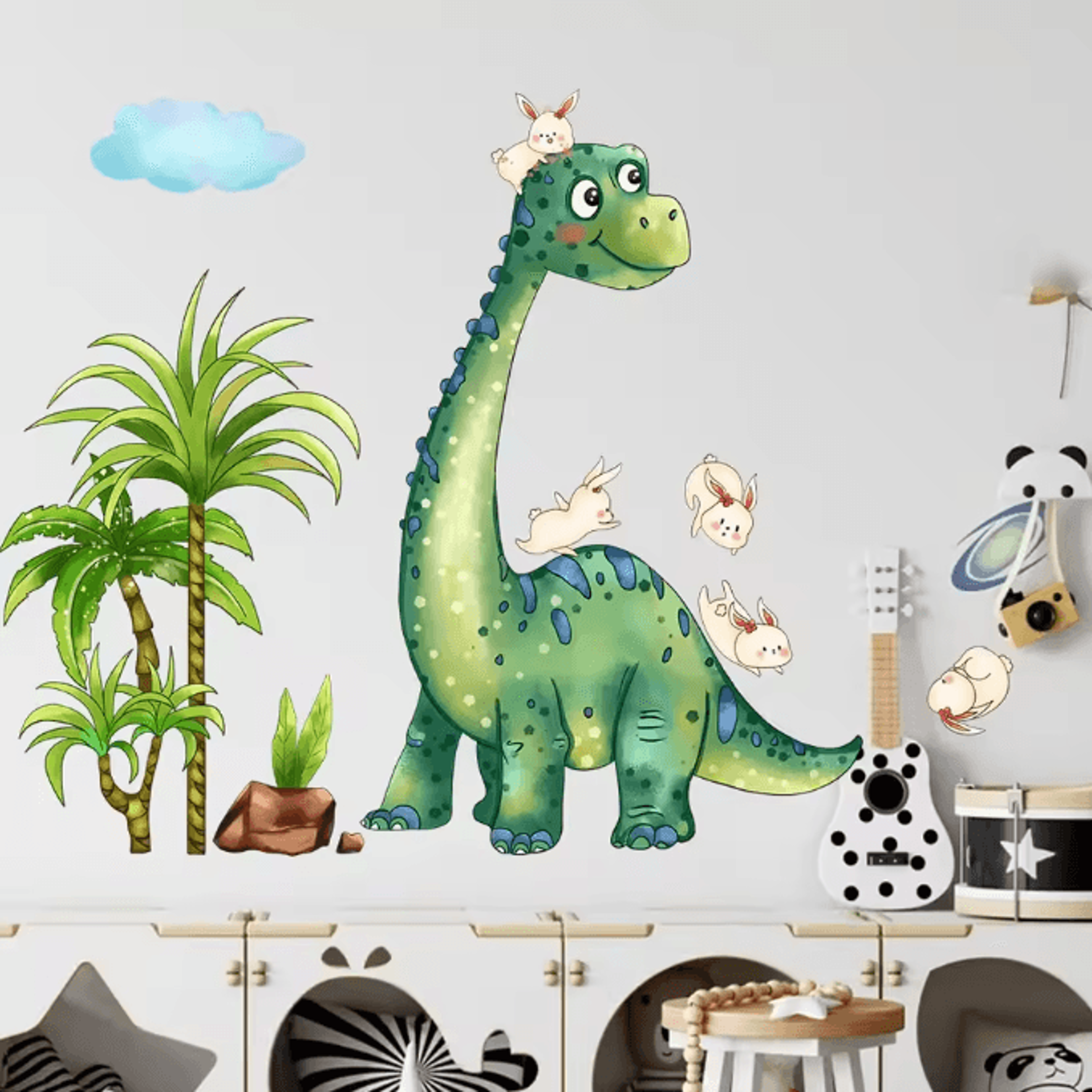 Green Dinosaur And Rabbit Wall Stickers For Kids Bedroom And Living Room Decor 1