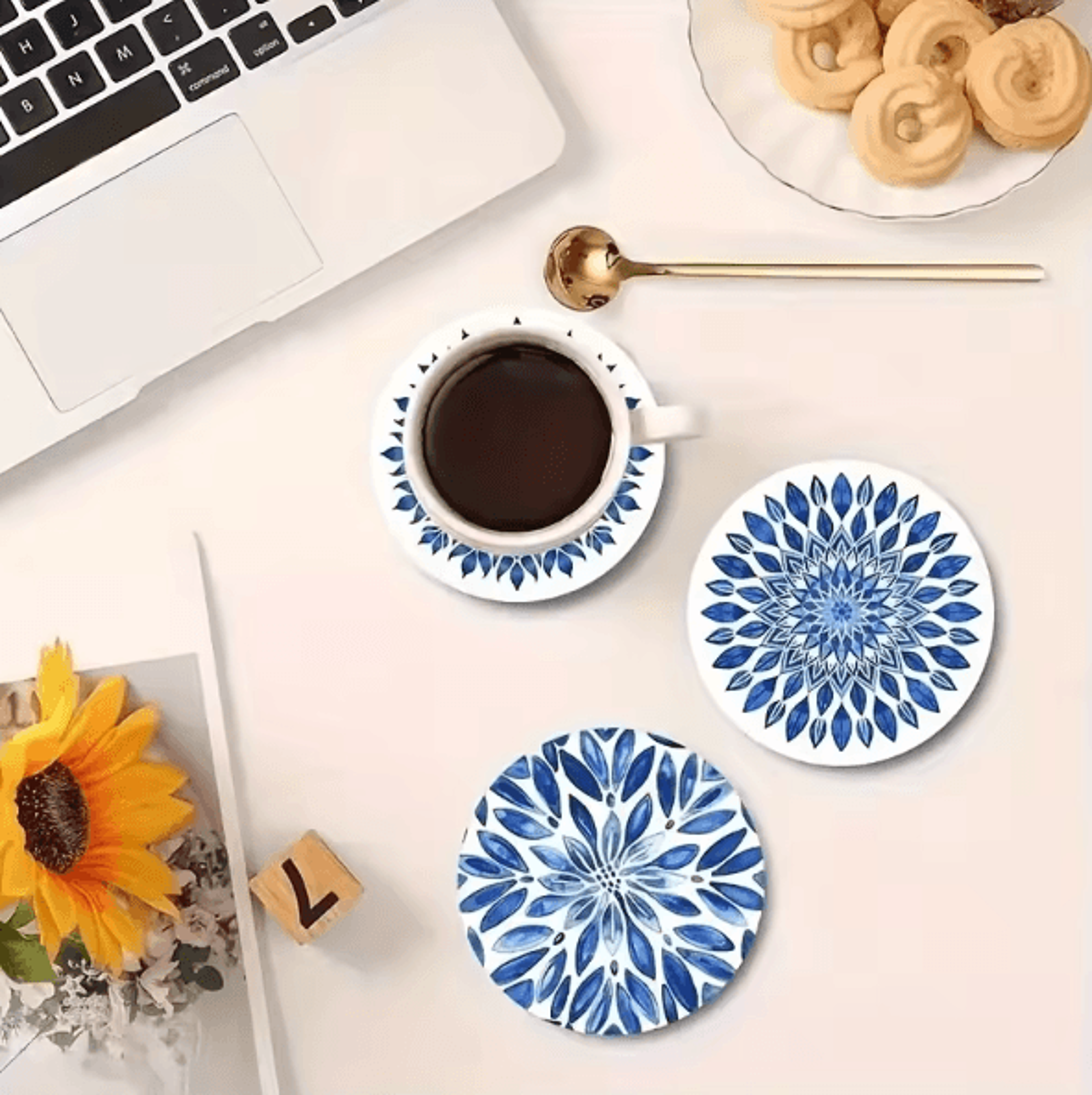 Celadon Style Wooden Coaster Set For Coffee Cups Home And Office Decor 1