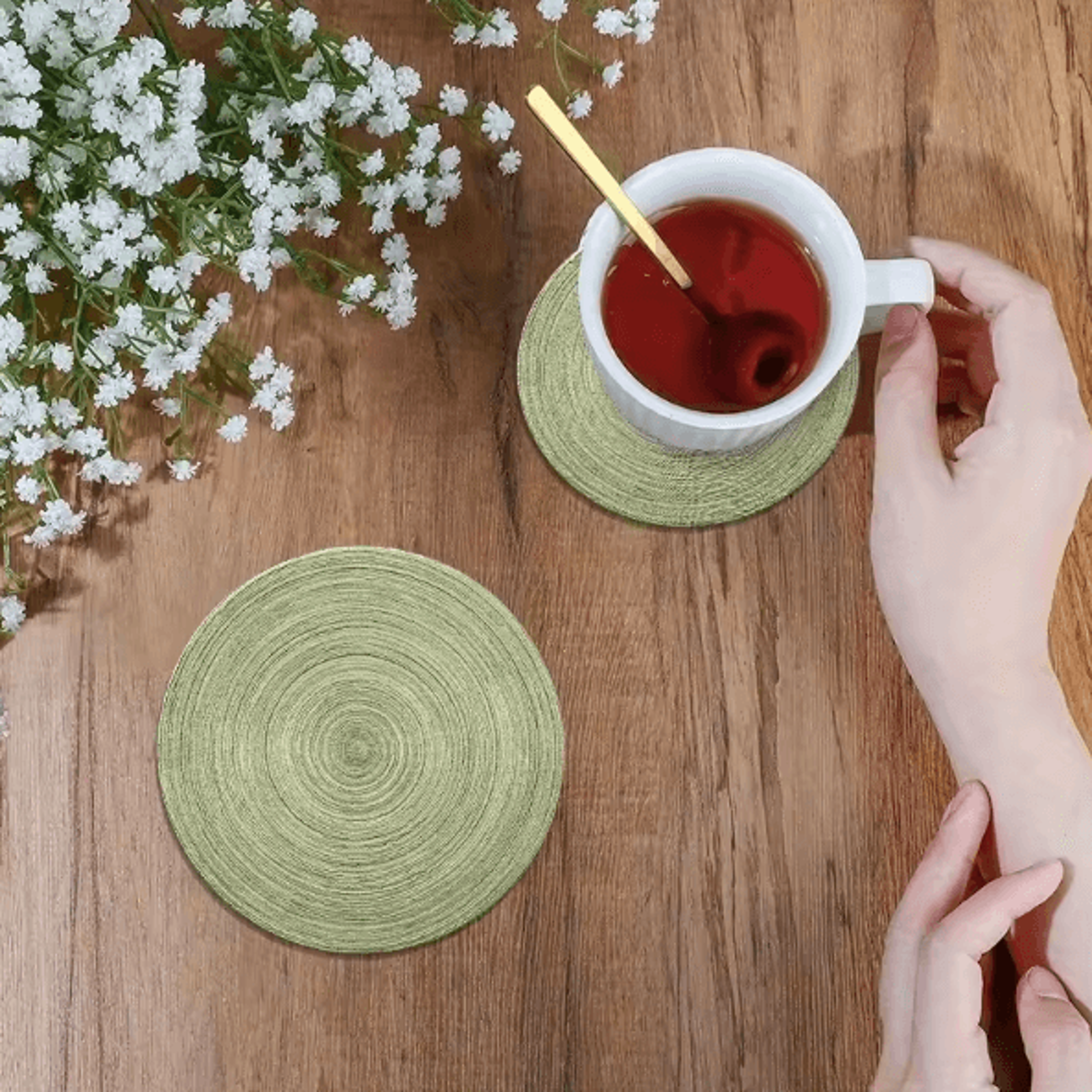 6Pieces Retro Green Wooden Coaster Set For Coffee Table And Home Bar Decor 2