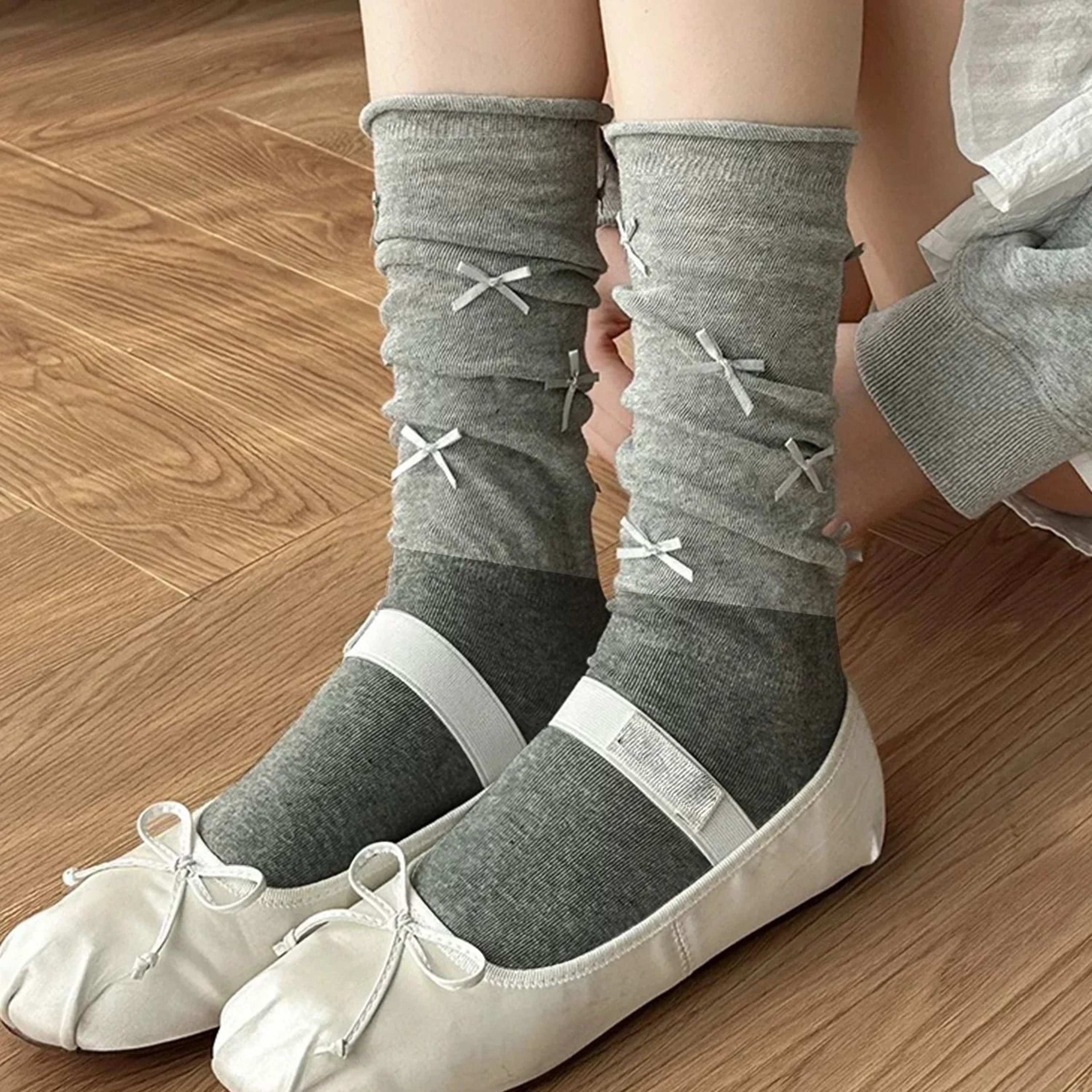 Japanese Style Knee High Mesh Socks With Bow Accent For Women 1