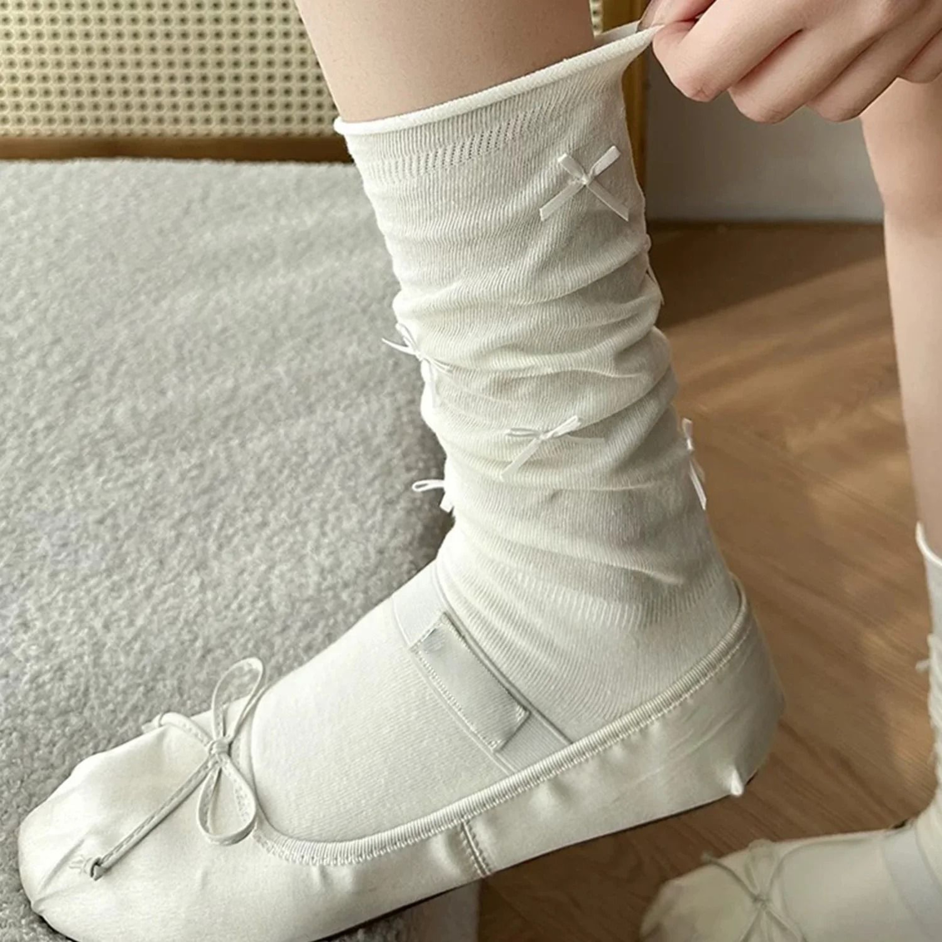Japanese Style Knee High Mesh Socks With Bow Accent For Women 3