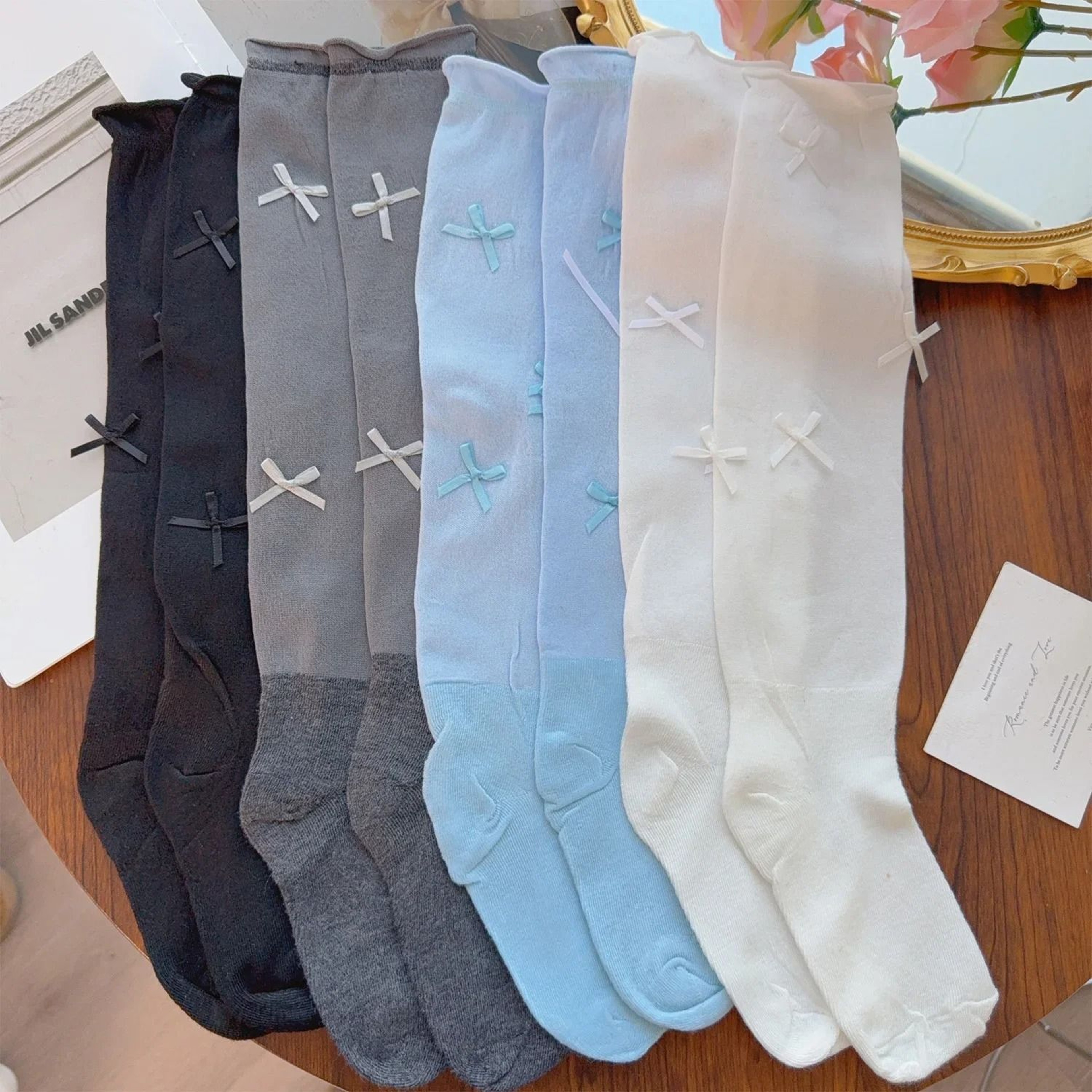 Japanese Style Knee High Mesh Socks With Bow Accent For Women 5