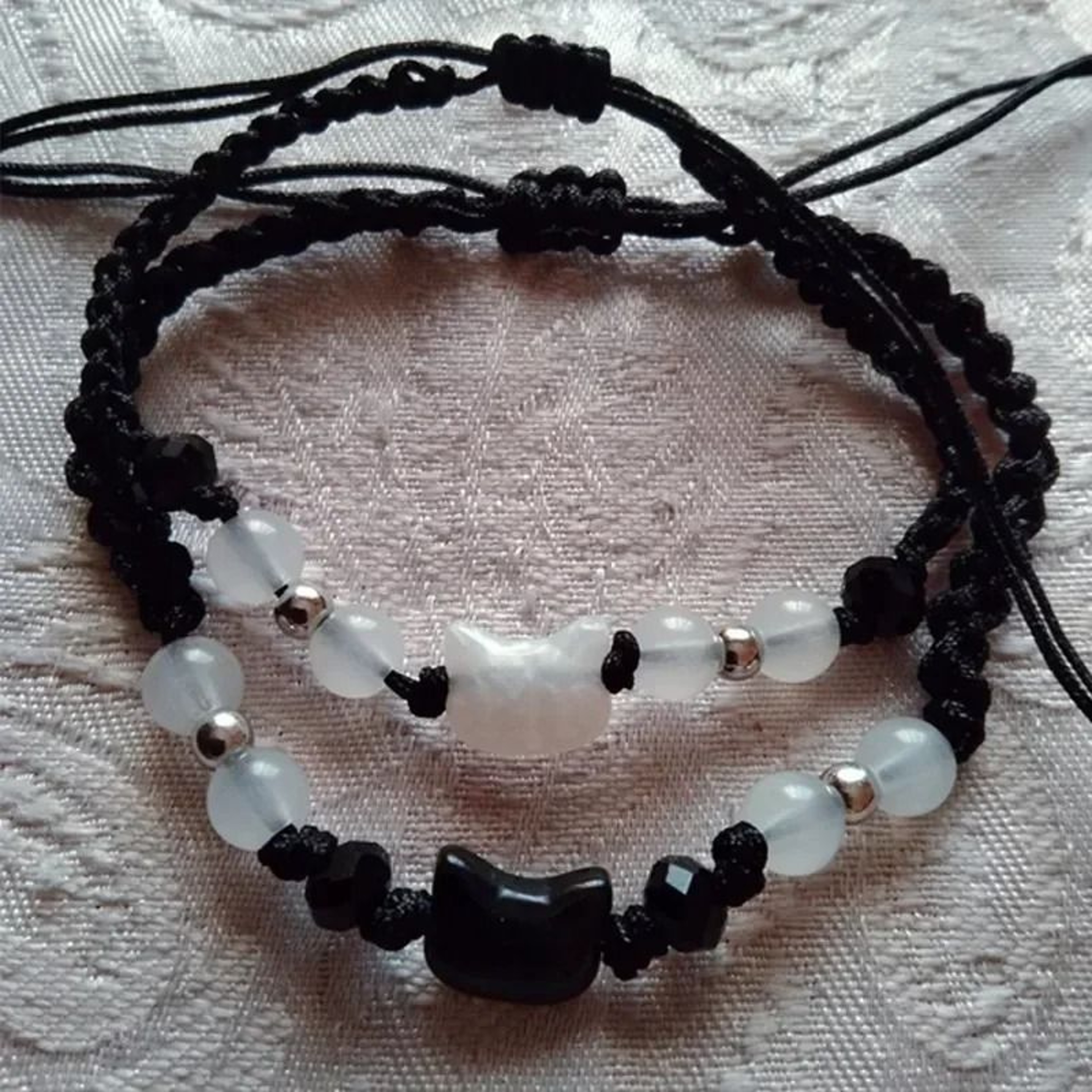 Natural Moonstone And Obsidian Cat Bracelet Set Matching Couple Friendship Bracelets 2