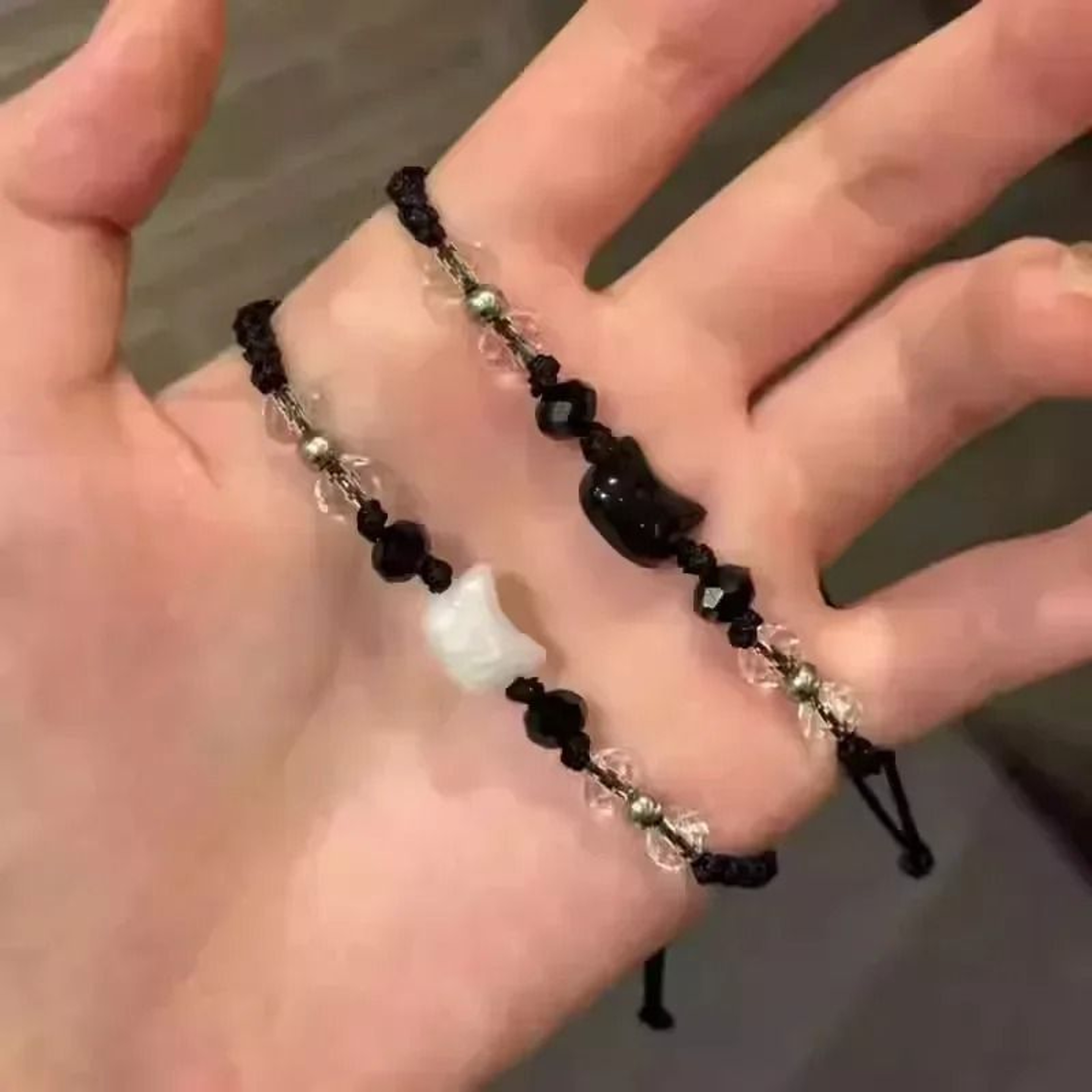 Natural Moonstone And Obsidian Cat Bracelet Set Matching Couple Friendship Bracelets 3