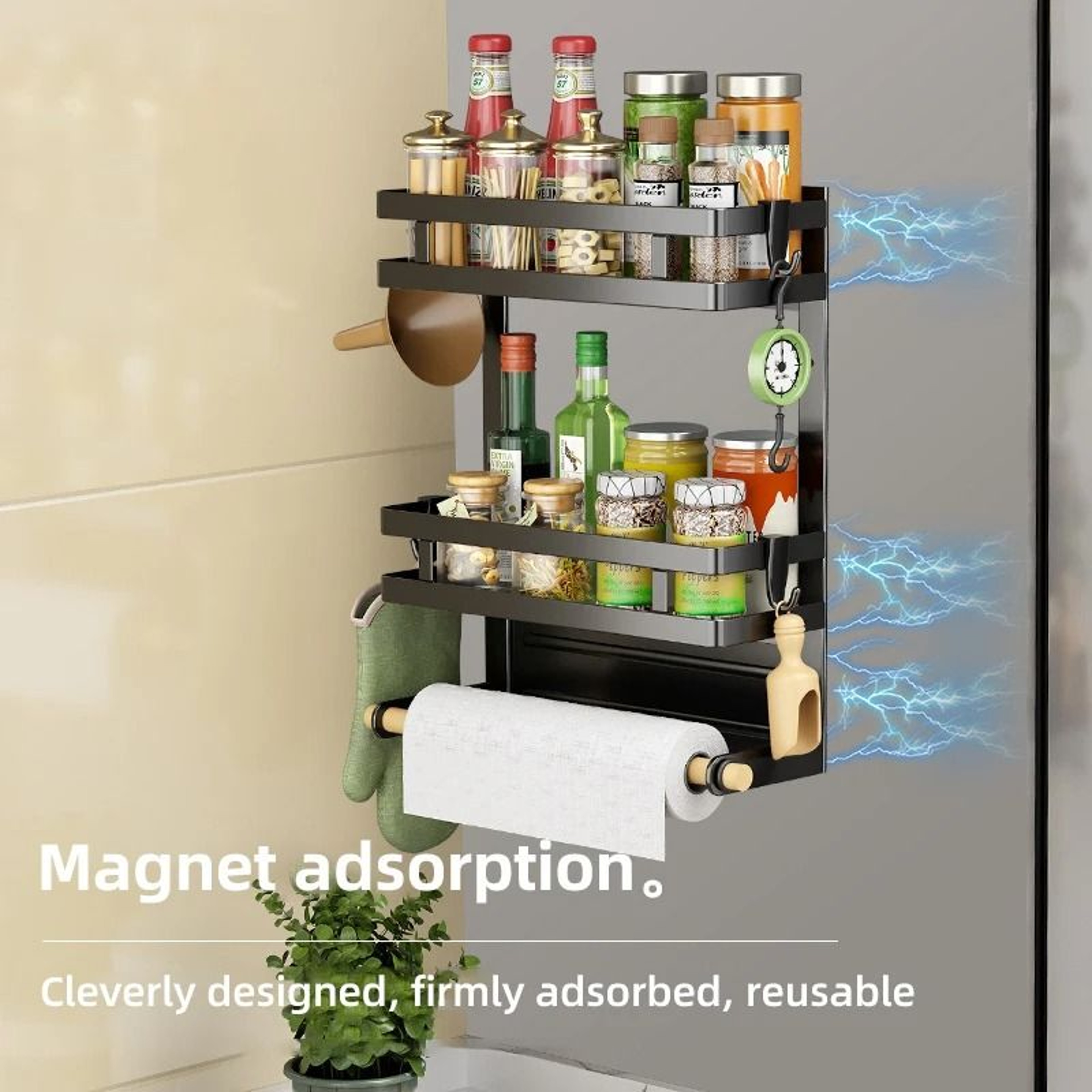 Magnetic Refrigerator Organizer Shelf With Towel Holder And Storage Rack 2
