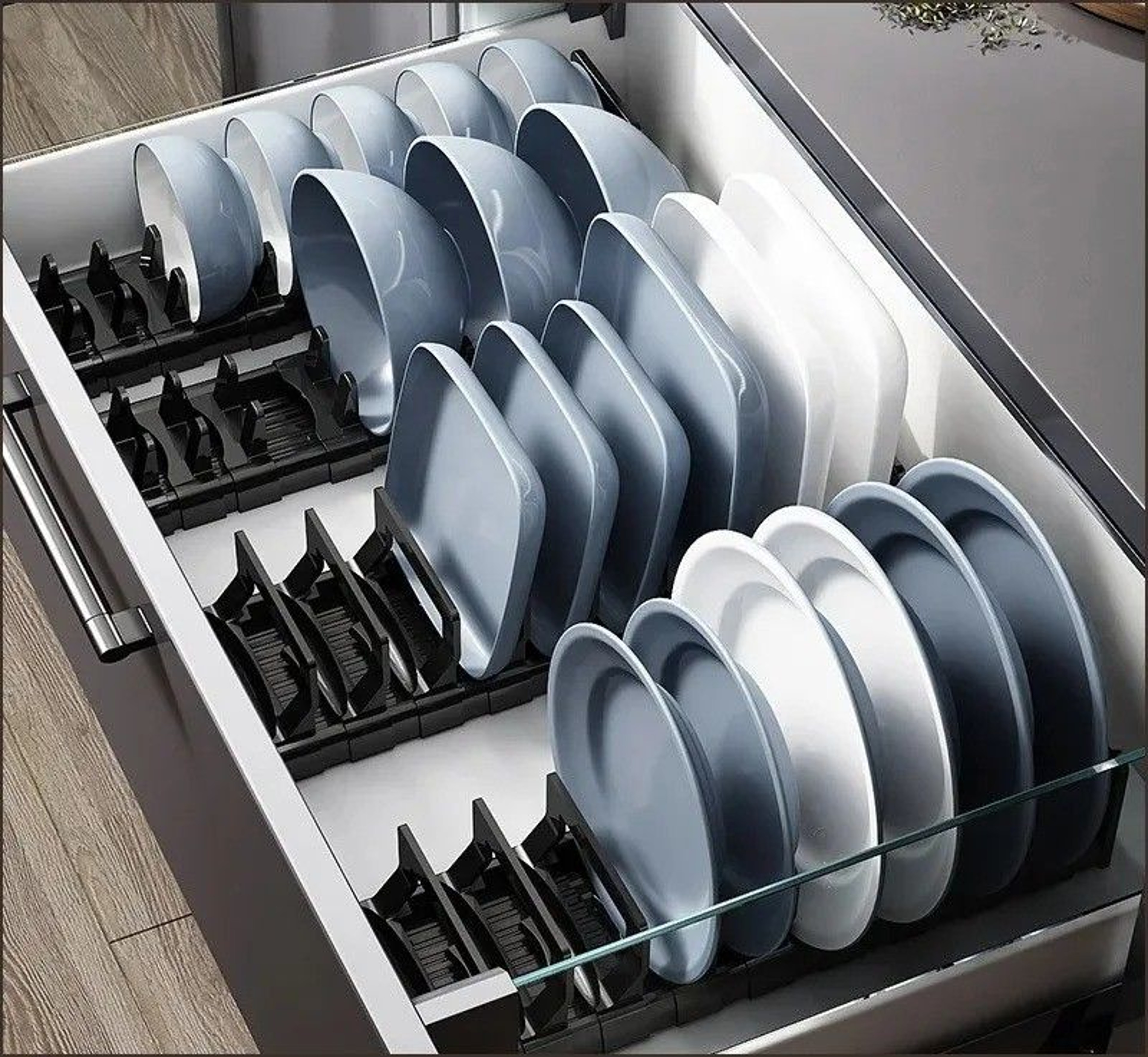 Adjustable Drawer Plate And Bowl Organizer Rack For Kitchen Cabinets 0